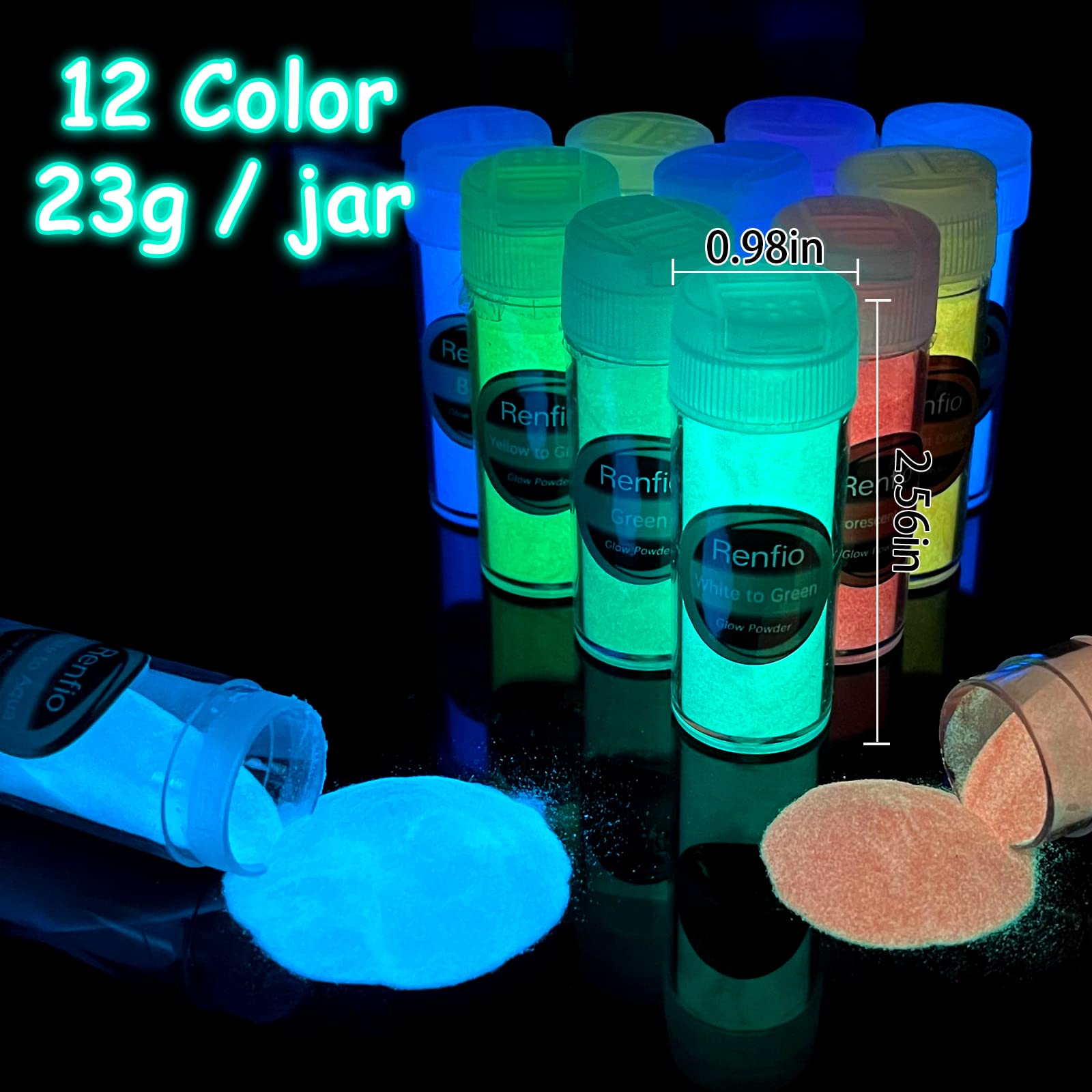 Renfio Set di 12 polveri fosforescenti che si illuminano al buio, polveri di pigmenti luminosi in resina da 9,86 once 276 g Polvere di mica luminosa Coloranti per vernice fosforescente per forniture d