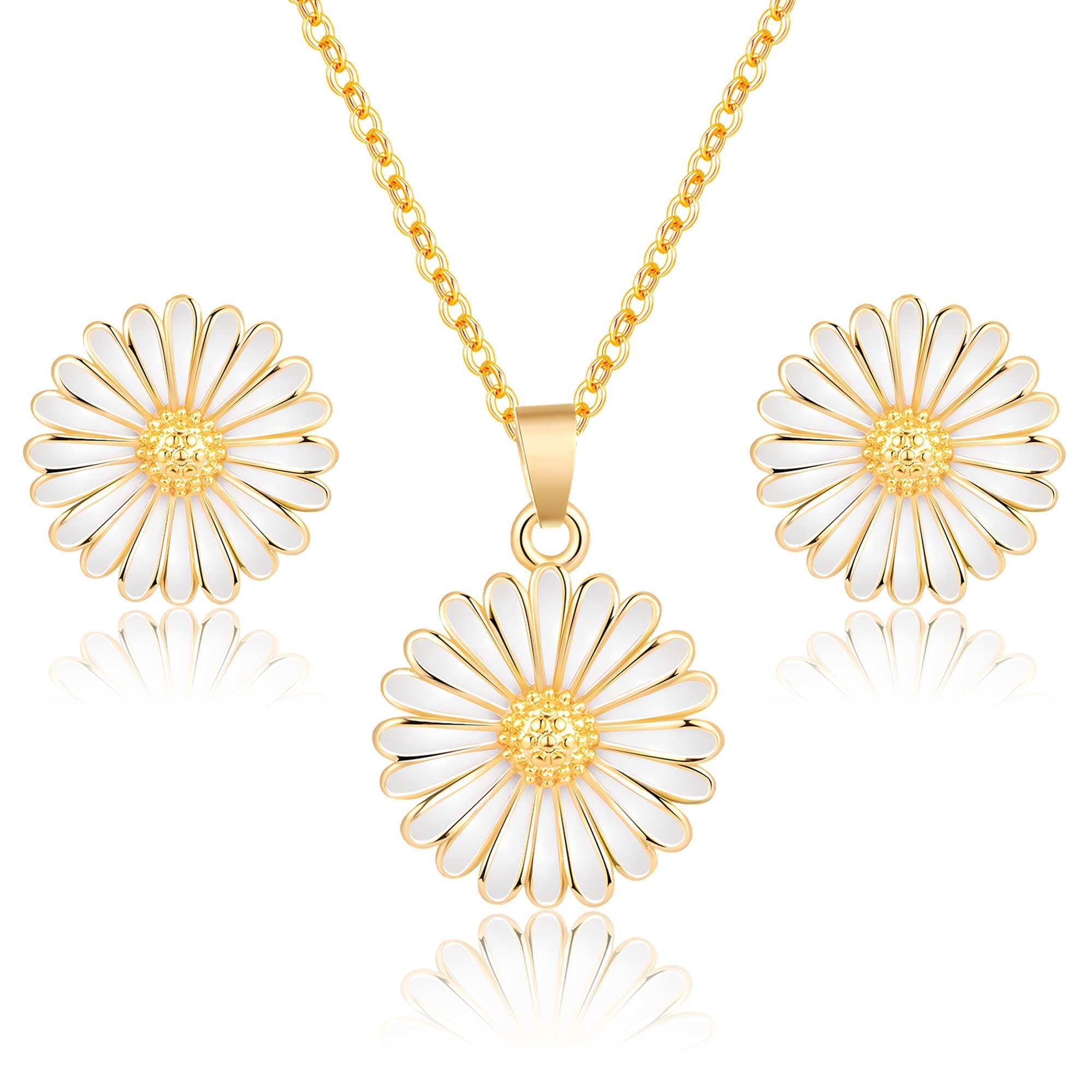 Daisy Flower Necklace Earrings Set for Women 18K Gold Plated Hypoallergenic Jewelry Sets