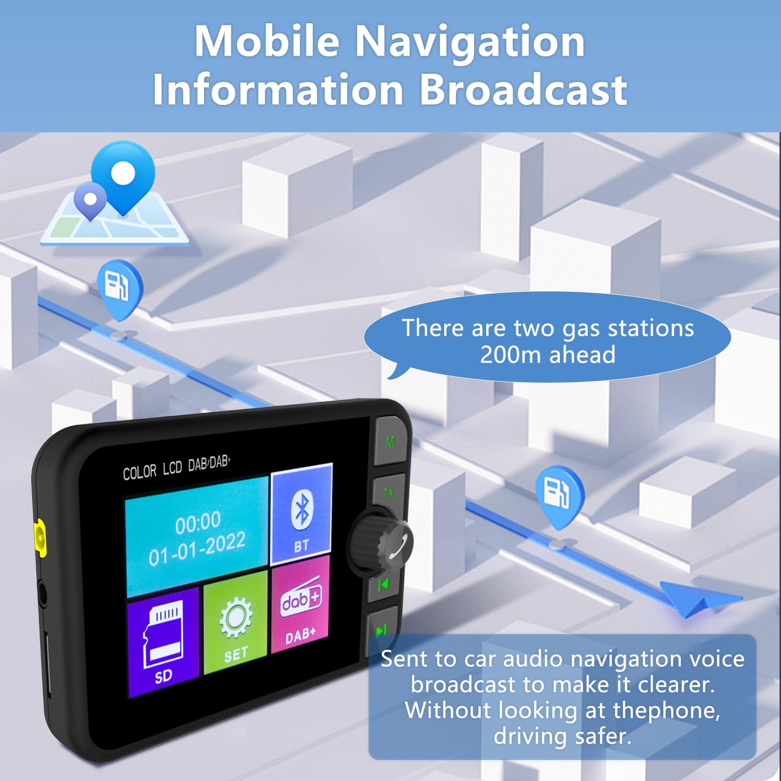 Hikity DAB/DAB+ przenośny adapter do radia z wyświetlaczem LCD 2,4 cala kolorowy duży wyświetlacz LCD do radia samochodowego z systemem Android z telefonem głośnomówiącym Bluetooth AUX-IN FM