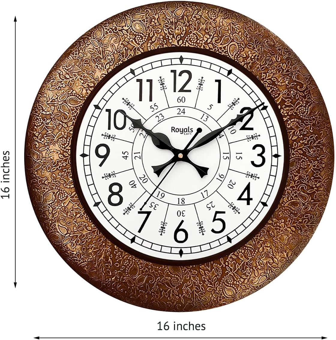 Ethnic Handcrafted Designer Wall Clock with Decorative Metal | Golden Antique Wooden Wall Clock for Living Room | 24 Hours | 16 Inch | Vintage Design | Silent Sweep Movement [KTWC213N]