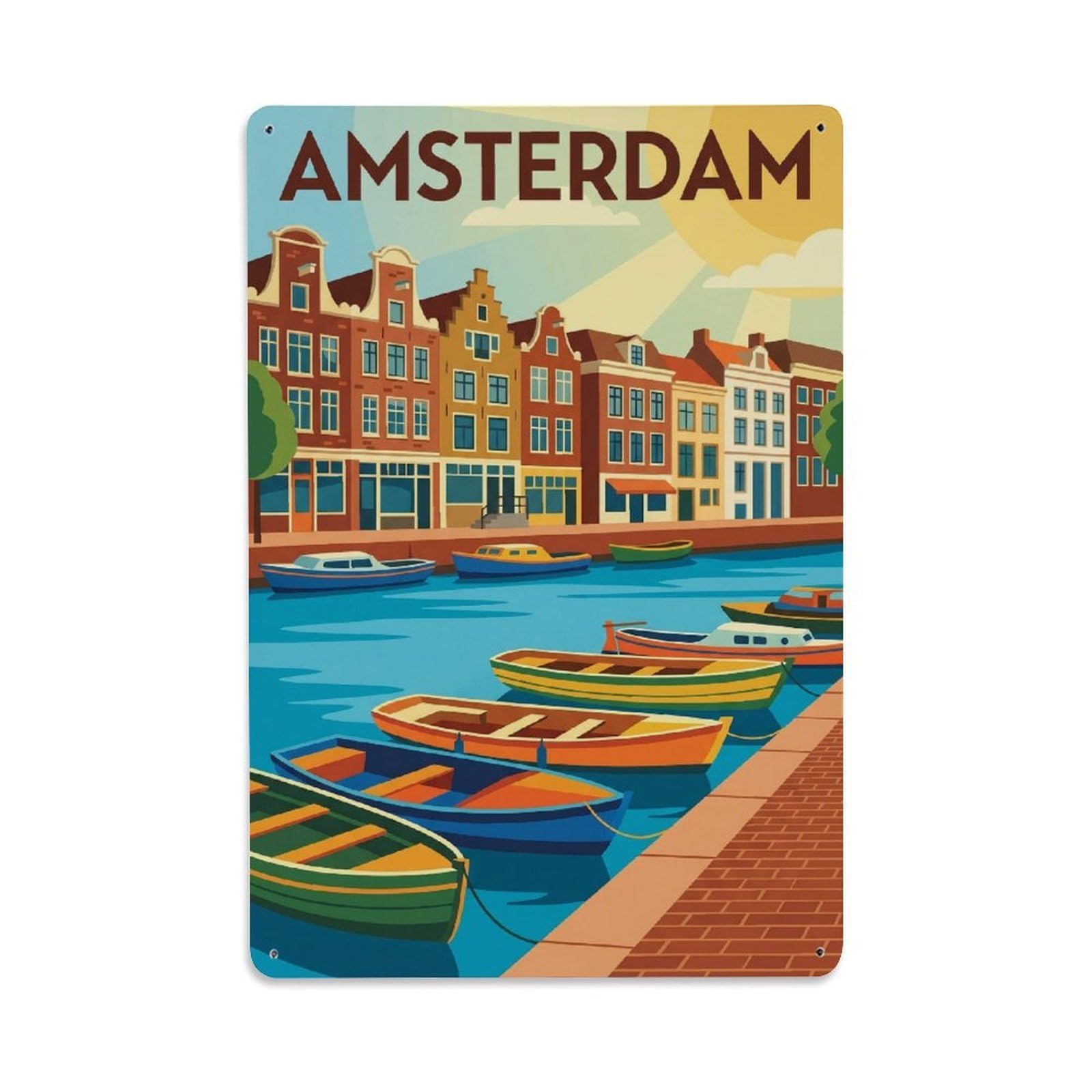 Okngb Style Quay Waterfront Amsterdam Retro Canal Travel Route Metal Tin Sign Plaque Wall Decor For Cafe, Man Cave, Club Bar, Office, Home Garden Round Metal Poster 8X12inch