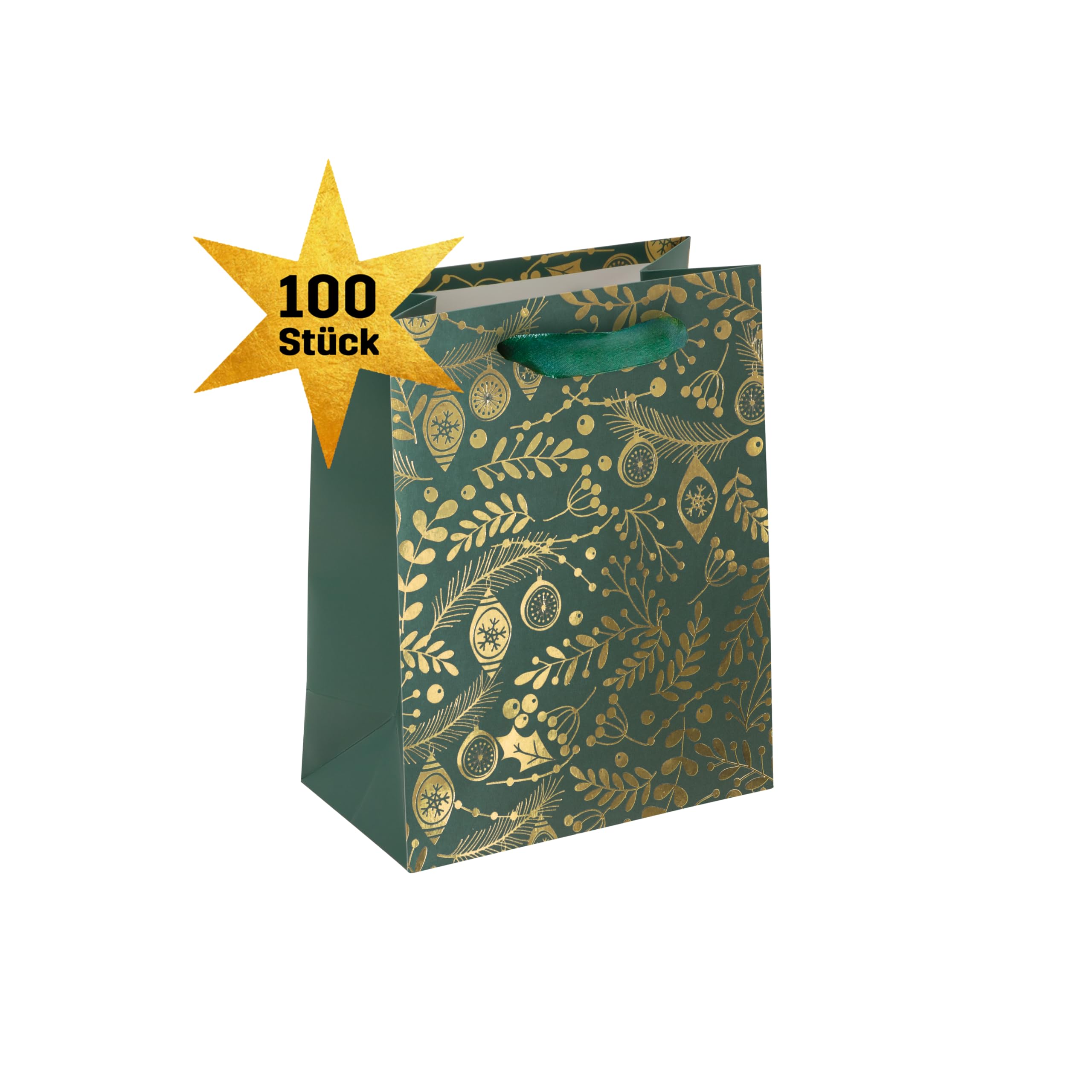 SIGEL Premium Geschenktüten Grün Gold 18 x 23 cm 100er Set | GT119/100, Großpackung für Weihnachtsgeschenke und Präsente