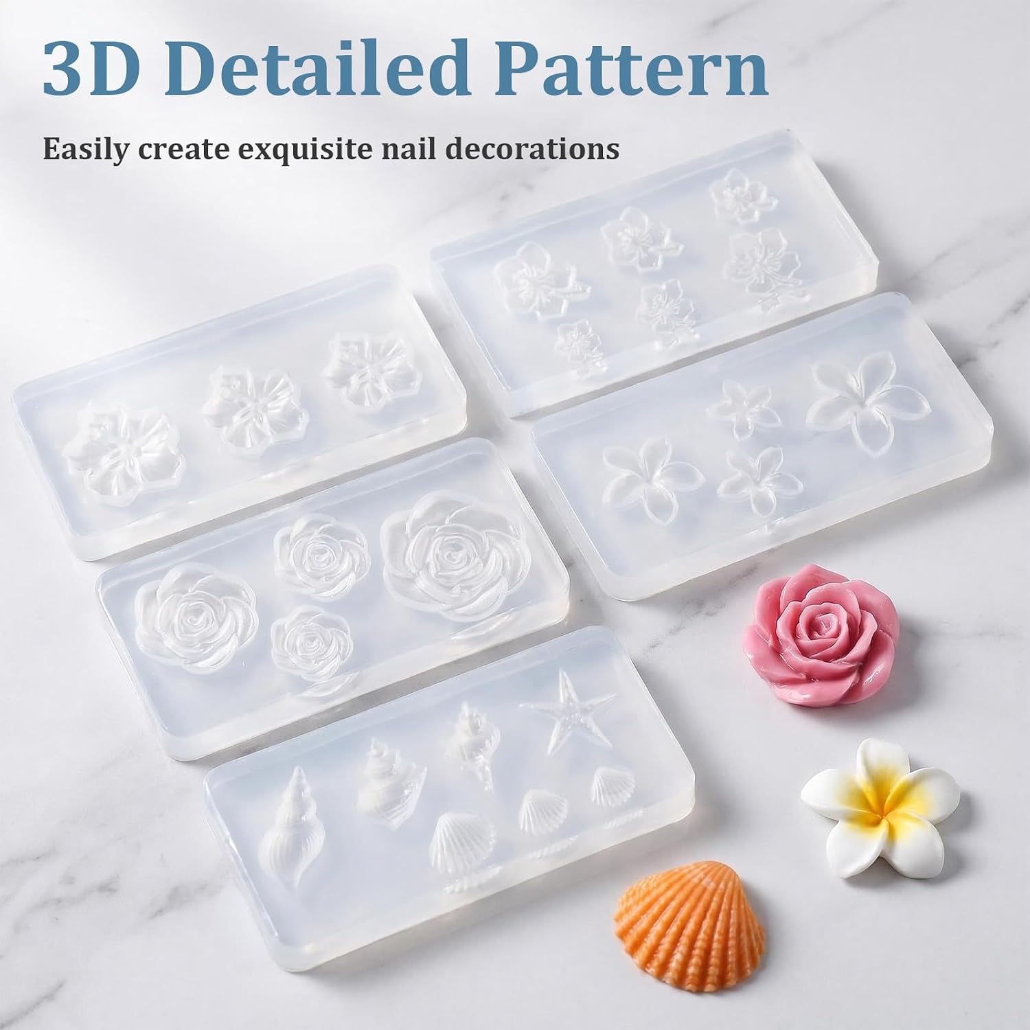 Flowers Nail Art Silicone Mold, 5 Pcs Spring Summer Starfish Seashell Hibiscus Floral 3D Carving Template Moulds, Nail Design Craft Making Tool Molds for DIY Manicure Decorations (Set E)
