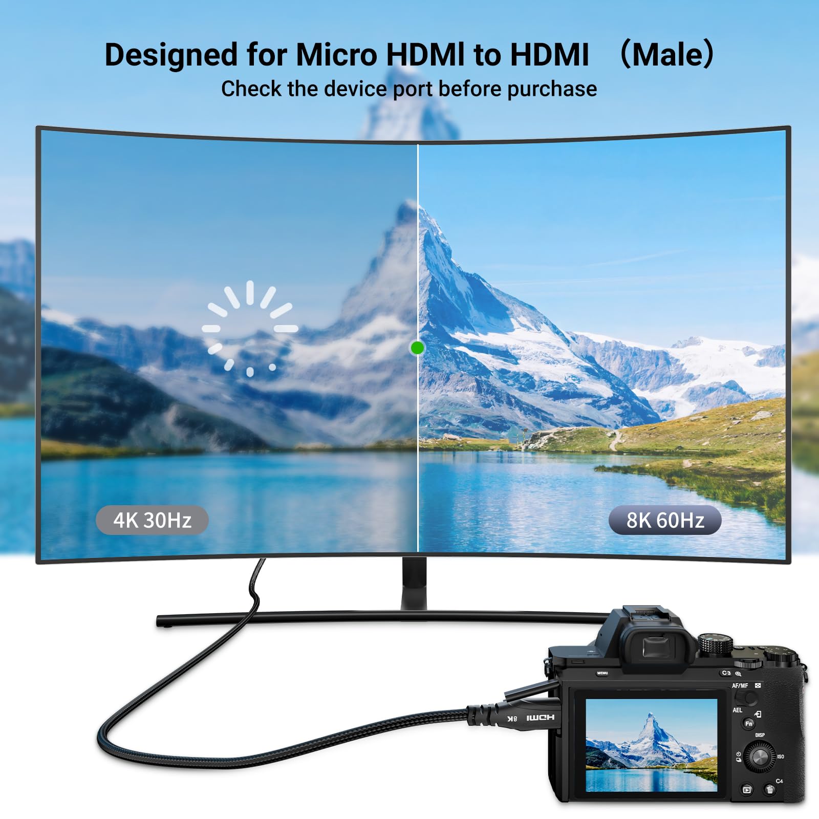 Cratree Micro-HDMI-auf-HDMI-Kabel, 1,8 m, 8 K @ 60 Hz, 4 K @ 120 Hz, HDMI zu Micro-HDMI-Kabel, unterstützt HDR eARC Dolby, kompatibel mit GoPro Hero 7, 6, 5, 4, Raspberry Pi 4, Sony und Nikon Kamera