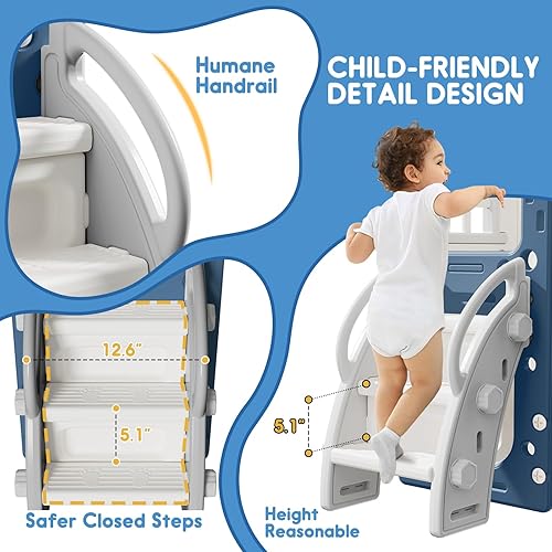 Miniatura 6 de Tobogán 6 en 1 para niños pequeños, para interiores y exteriores, tobogán de bebé con aro de baloncesto, telescopio y espacio de almacenamiento,