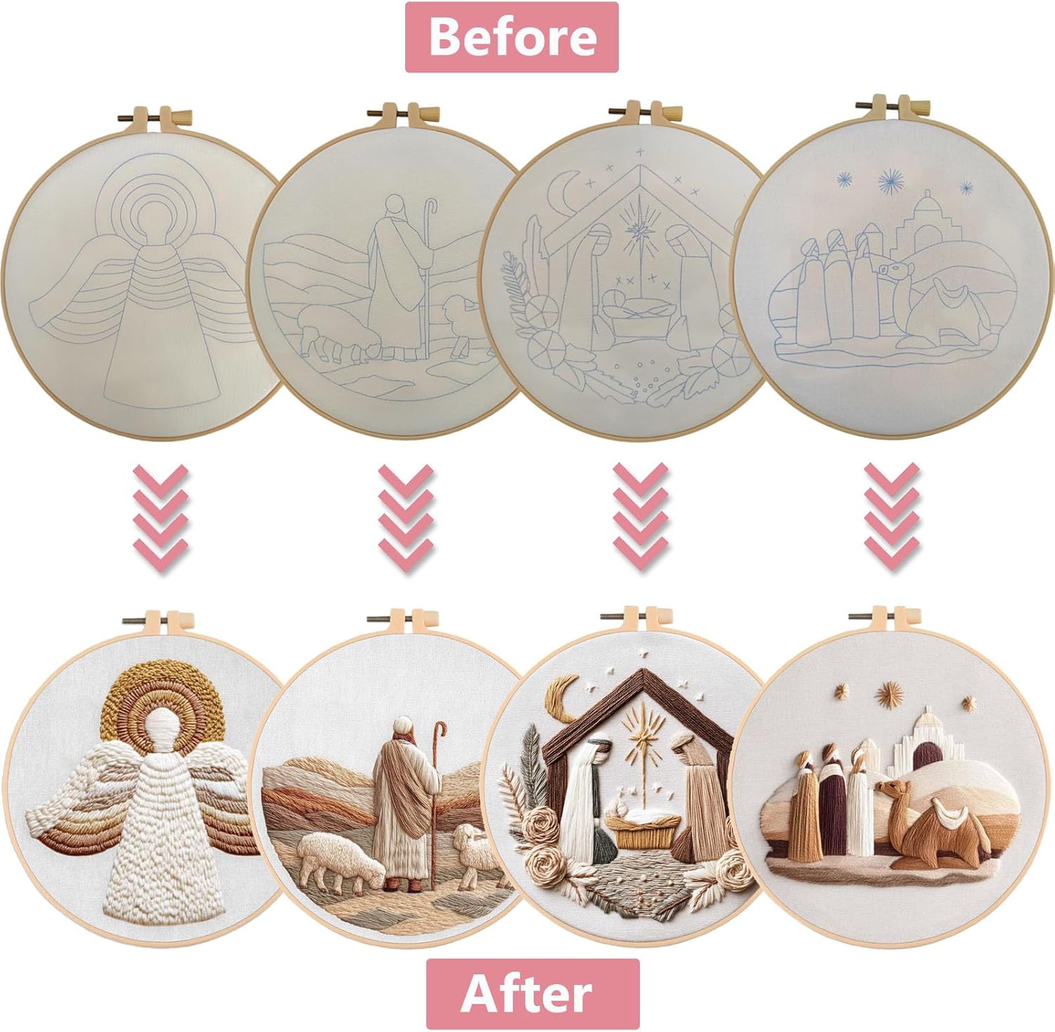 Nativity Embroidery Kit for Adults, Pre-Stamped Pattern Embroidery Kit for Beginners, DIY Hand Needlepoint Starter Kit with Hoop Thread Needle Instruction, 7.87'' Hoop (Nativity 4 Packs)