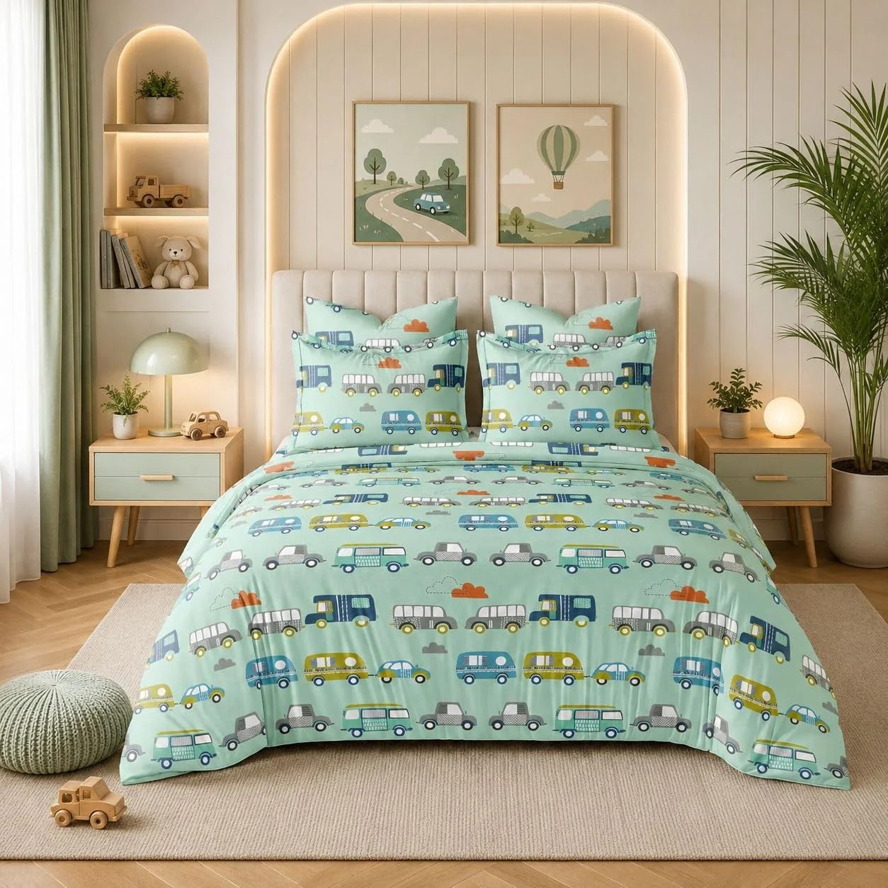 kids cartoon cars bedsheet set, mint green, cotton blend, with 2 pillow covers (single bed), 90"x60"