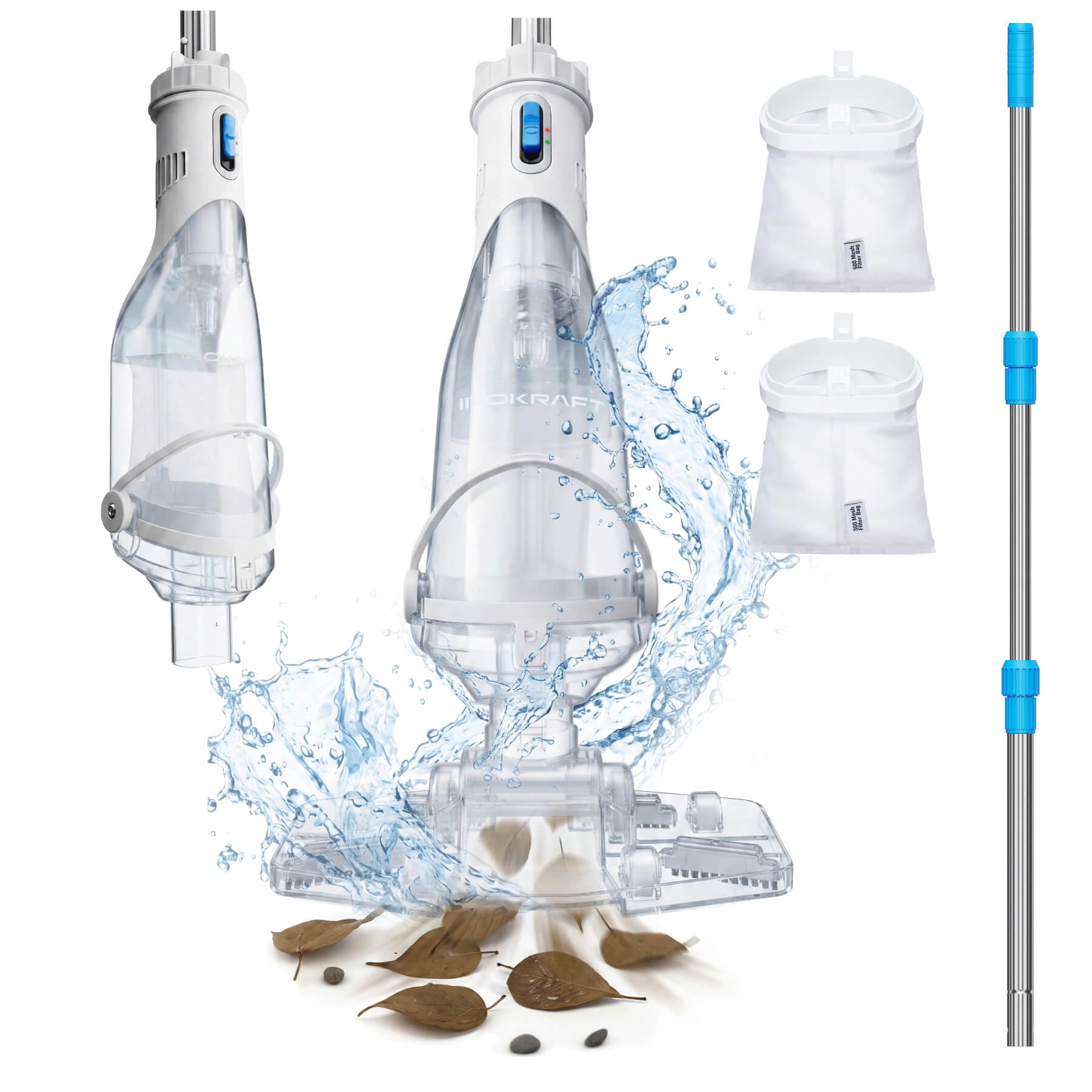 InoKraft Battery Pool Vacuum for Above Ground Pool, Cordless Pool Vacuum for Inground Pools with 150cm Extendable Pole,Operating Time up to 60 Minutes, Suction up to 4300 L/H, Blue
