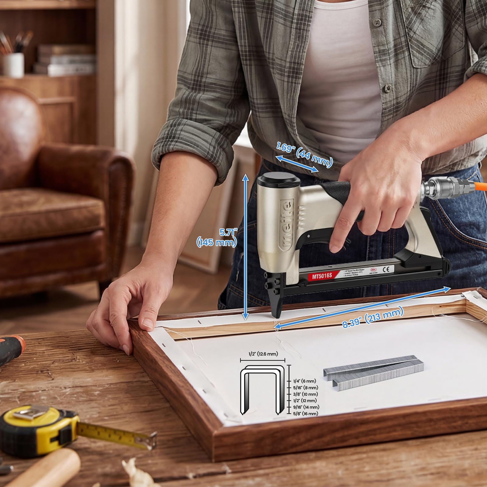 meite MT5016S - Pinzatrice pneumatica per tappezzeria, con interruttore di sicurezza per tappeti, funiture e lavorazione del legno, utilizza graffette tipo 50, lunghezza 6-16 mm