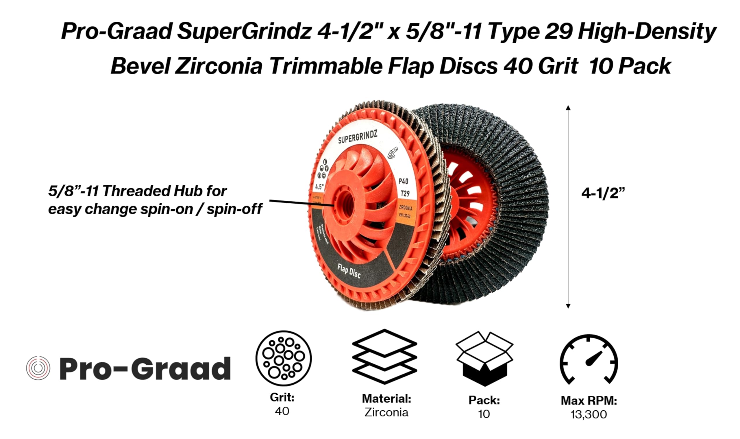 SuperGrindz Fächerscheiben für 11,4 cm und 12,7 cm Schleifer, Körnung 40, Körnung 29, hochdichter Zirkonia, zuschneidbar, für 11,4 cm und 12,7 cm Schleifer, 1,6 cm (5/8 Zoll) 11 Schnellwechselnabe,