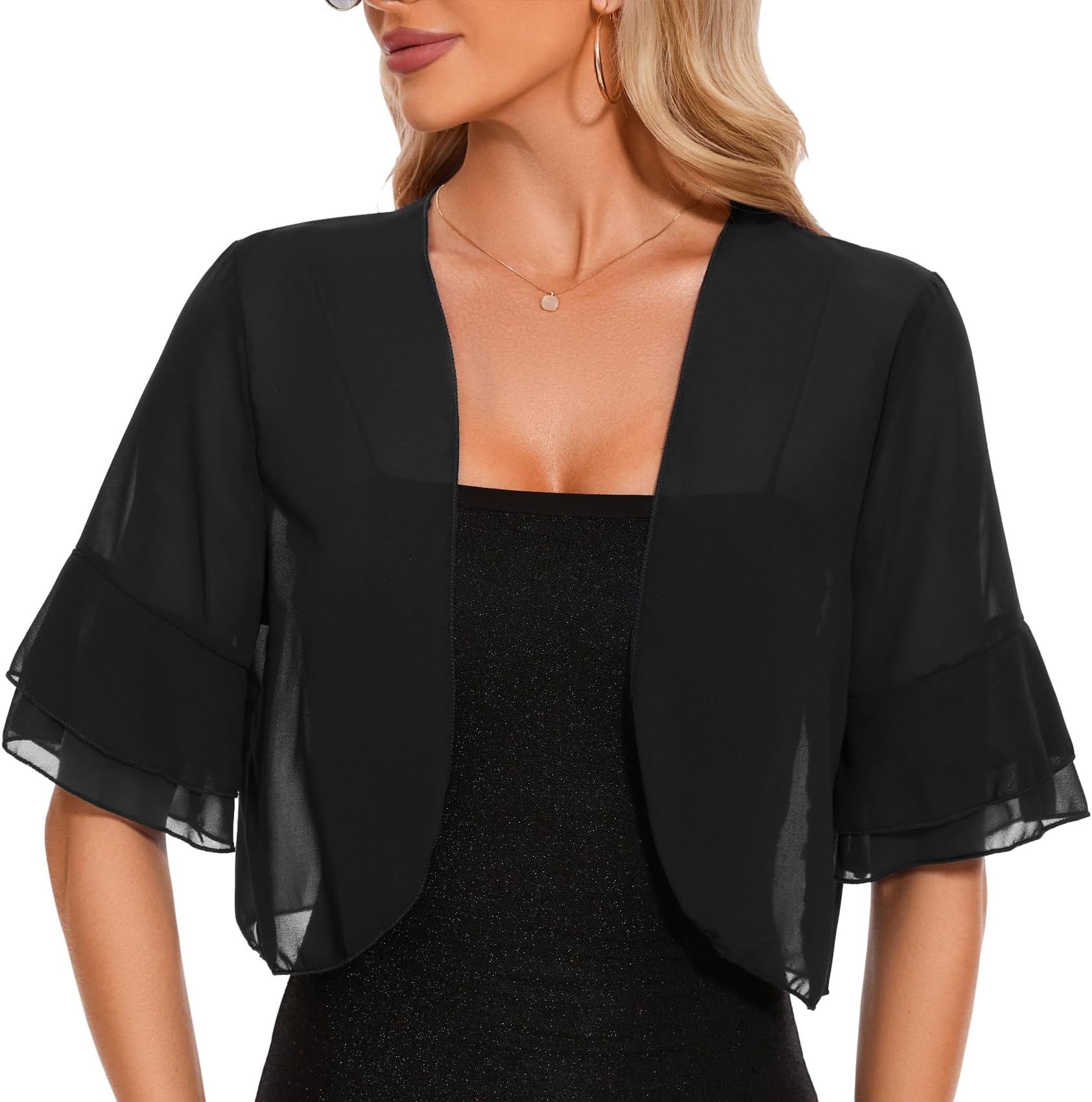 Cropped Cardigan for Women, Chiffon Bolero Shrug Short Jacket, Ladies Open Front Sheer Shawl Tops for Evening Wedding Party