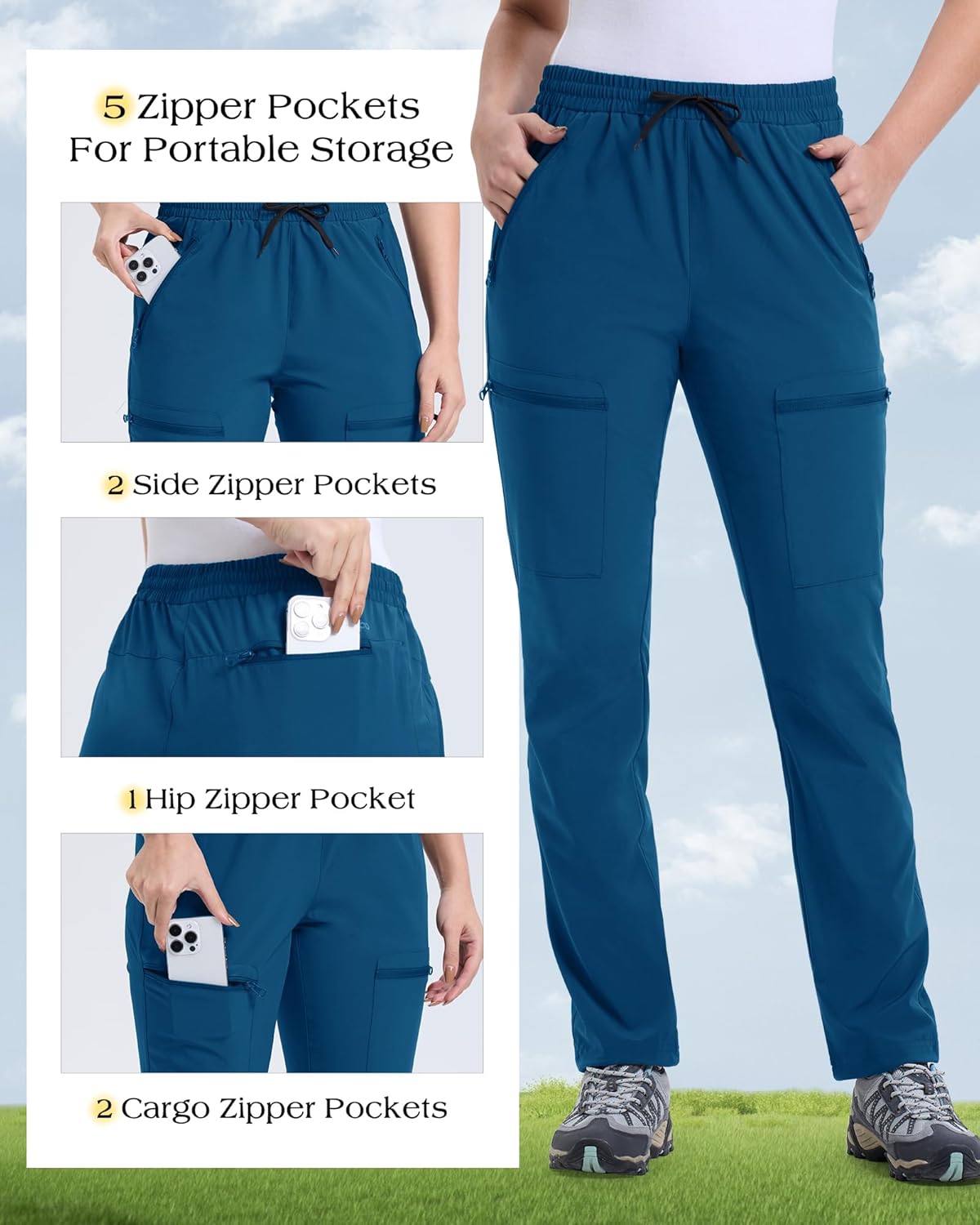 33,000ft Women's Hiking Pants Quick Dry Lightweight Water Resistant with 5 Zippered Pockets Cargo Pants for All Seasons - Image 3
