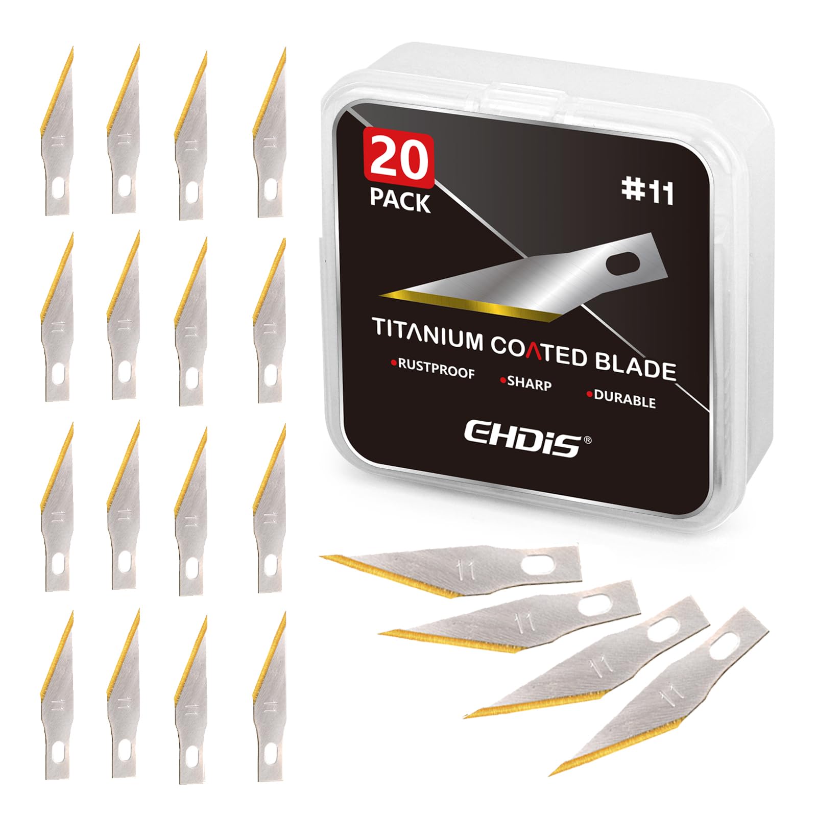 EHDIS 20 pcs Cuchillas de Repuesto Premium de Titanio, Cuchillas para Cúter de Precisión, Nr. 11, para Arte Cortar Papel Cartón y Tallar Bricolaje Trabajos Artesanales