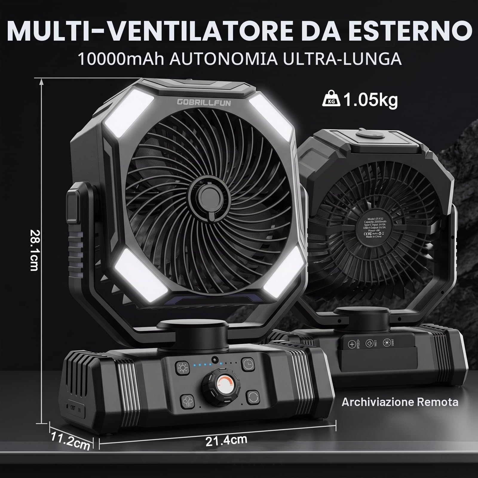 Ventilatore a Batteria con Nebulizzazione, Ventilatore Portatile Ricaricabile 10000mAh, Ventilatore Oscillante con Serbatoio 300mL, Telecomando, Luce LED, Timer per Campeggio Terrazza Spiaggia Ufficio