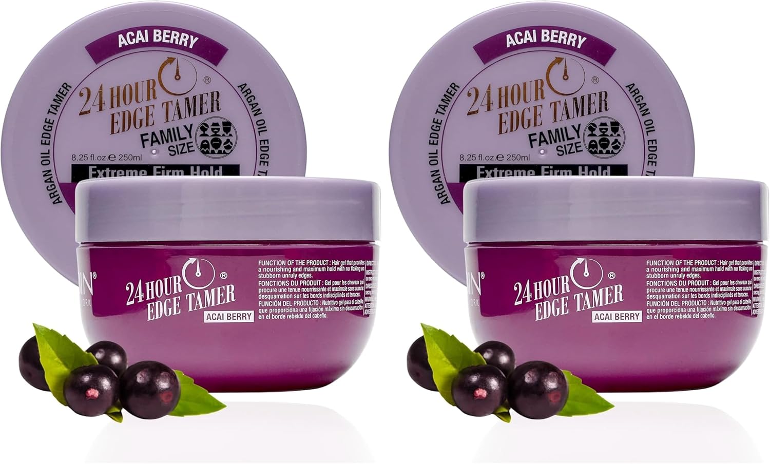 24 Hour Argan Oil Edge Tamer Refresh (8.25oz/ 250ml, Acai Berry) | Extreme Firm Hold, Smooths & Tames Frizz | No Flaking or Drying | High Shine, Long Lasting, All Hair Types, Styling Gel. (Pack of 2)