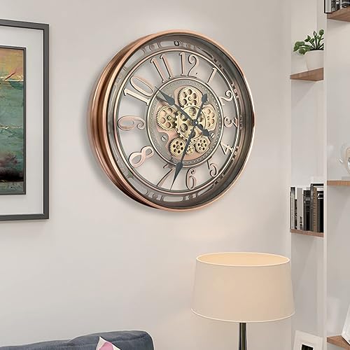 Miniatura 6 de DORBOKER Real Moving Gears - Reloj de pared grande y moderno de metal con engranajes móviles reales para decoración de sala de estar, estilo