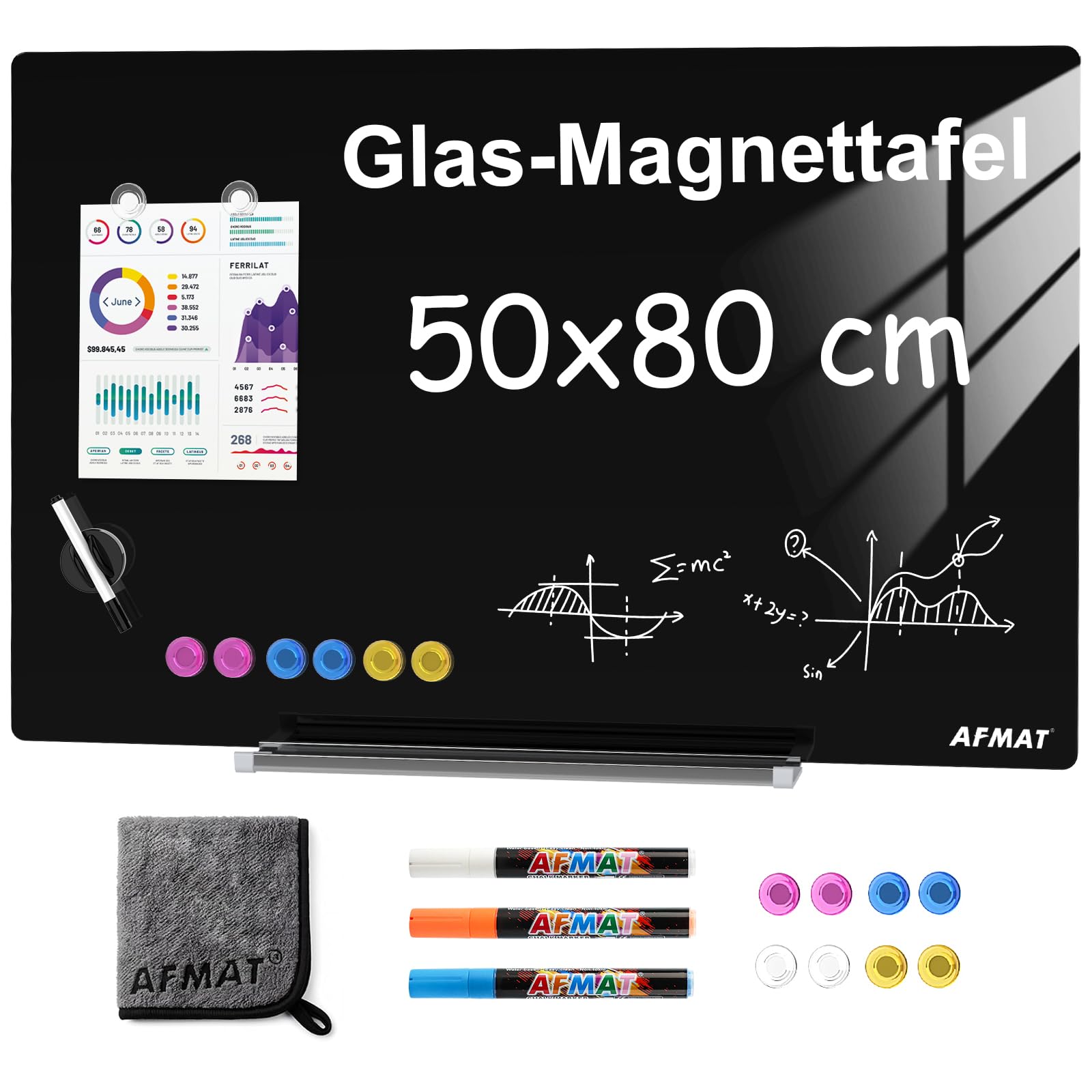 AFMAT Rahmenlose Glas-Magnettafel 50x80cm, Schwarz, GB05
