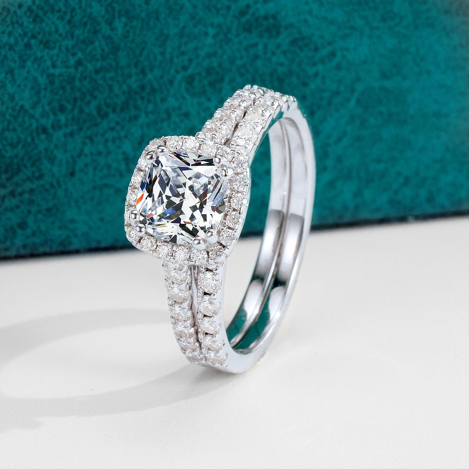 WES 1CT Cushion Cut Stackable Moissanite Bridal Ring Sets - 925 Sterling Silver Hypoallergenic Halo Square Solitaire Moissanite Engagement Ring Wedding Ring for Women, Size 6-8