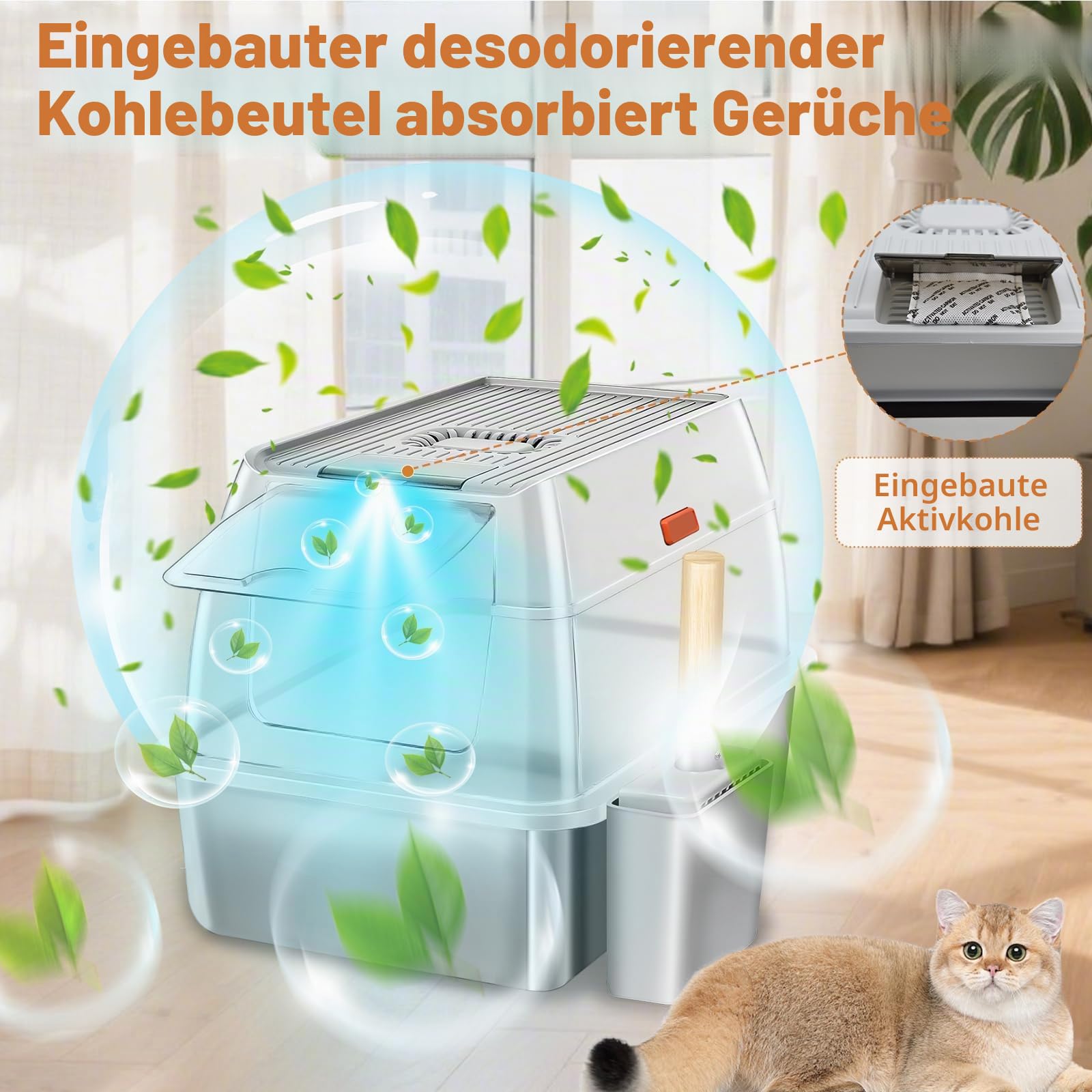 Edelstahl Katzenklo XXL 37L – Geschlossene Katzentoilette für große Katzen, mit 120° Klappdeckel, Trittstufe und Schaufel, geruchsarm, auslaufsicher, leicht zu reinigen, Cremegrau