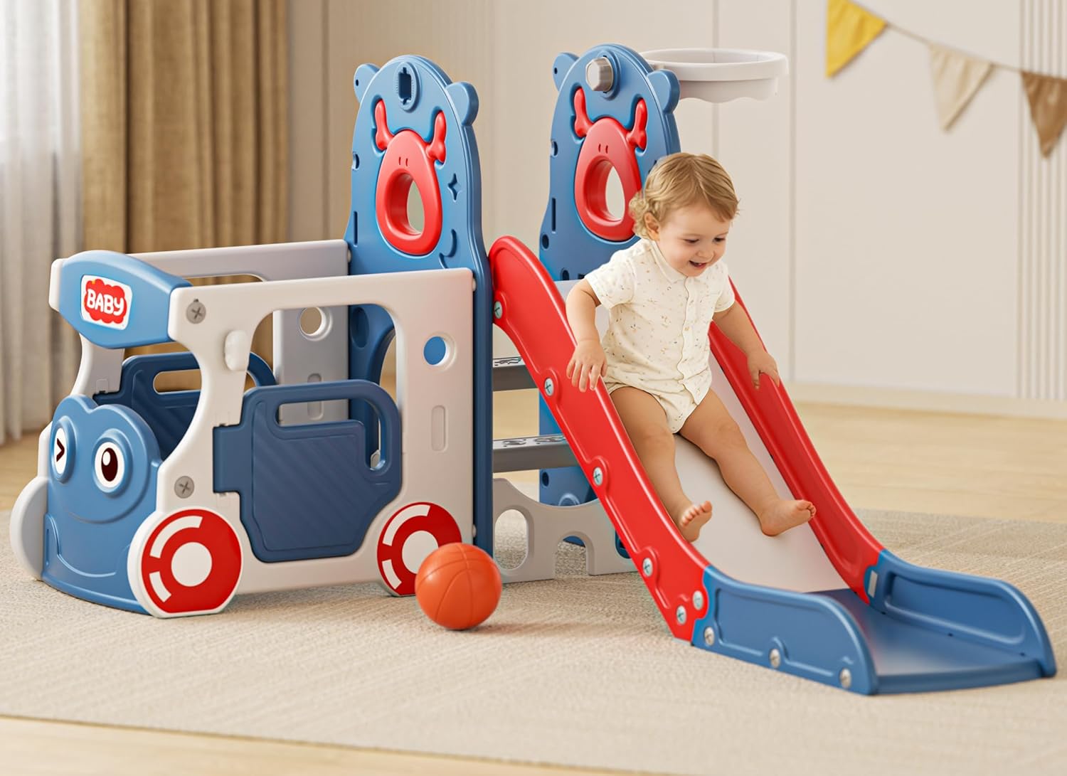 XJD 5 in 1 Toddler Slide, Kids Slide for Toddlers Age 1-3, Outdoor Indoor Playset for Toddlers with Basketball Hoop and Ball (Blue Red, Slide)