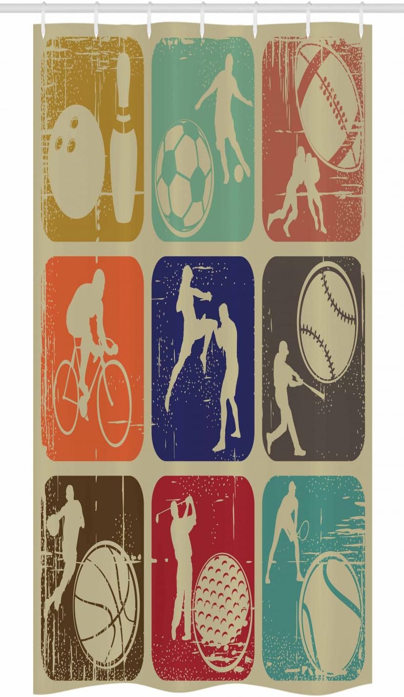 Ambesonne Sports Stall Shower Curtain, Assorted Sports Banners Vintage Grunge Effect Tennis Soccer Bowling Sports Pub, Fabric Bathroom Decor Set with Hooks, 36" W x 72" L, Pale Almond Green Multicolor