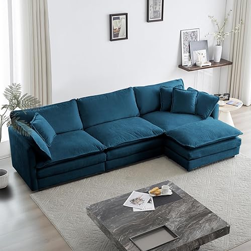 KIVENJAJA Chenille L-Shaped Modular Sectional Sofa, Modern 3-Seater Comfy Deep Seat Cloud Couch with Ottoman/Chaise & 5 Pillows for Living Room Office Apartment, 111.5”W, Blue