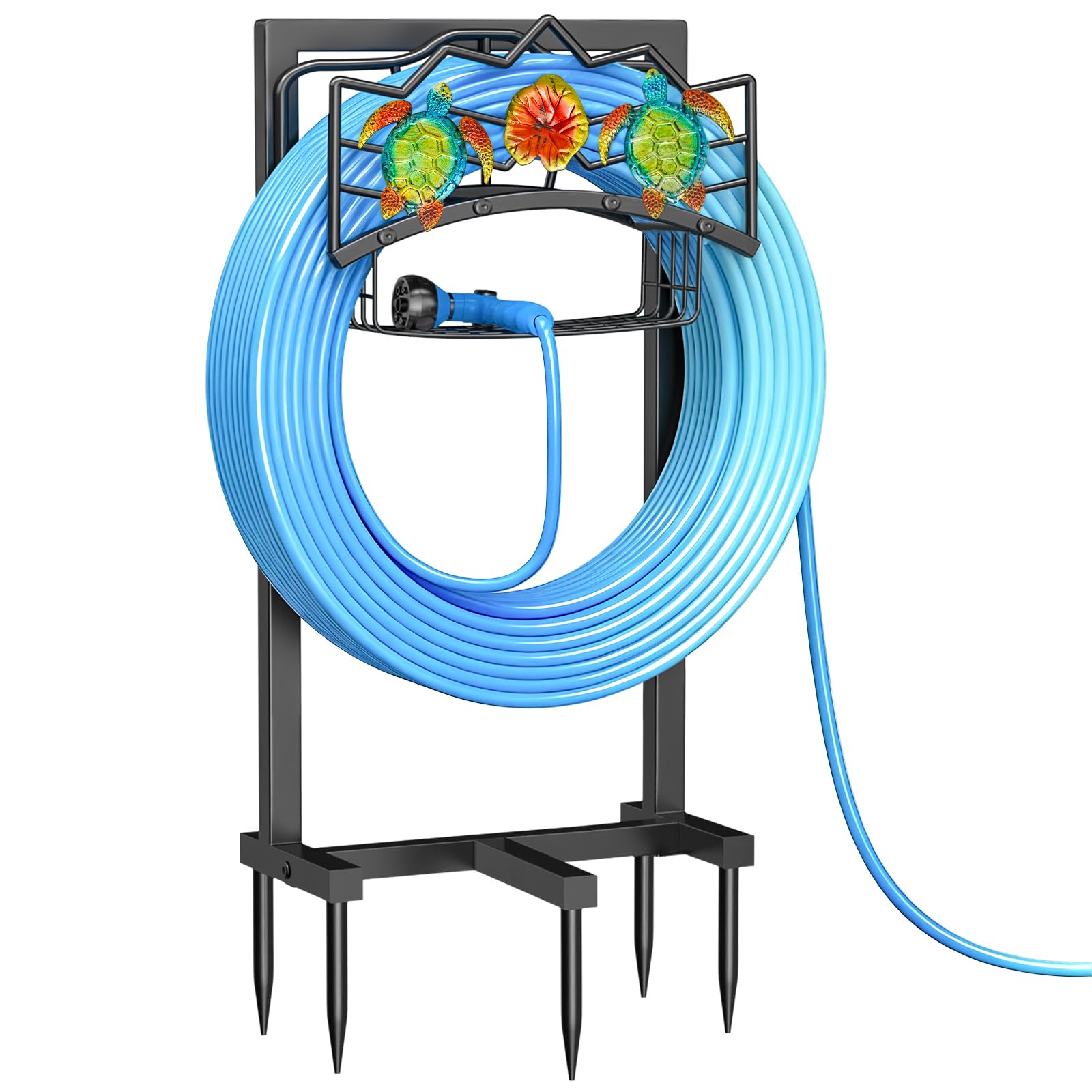 garden water hose holder 5 spikes, freestanding hose stand for outside yard | water hose reel stand with storage basket holds 151ft, heavy duty freestanding hose hanger storage rack for lawn farm