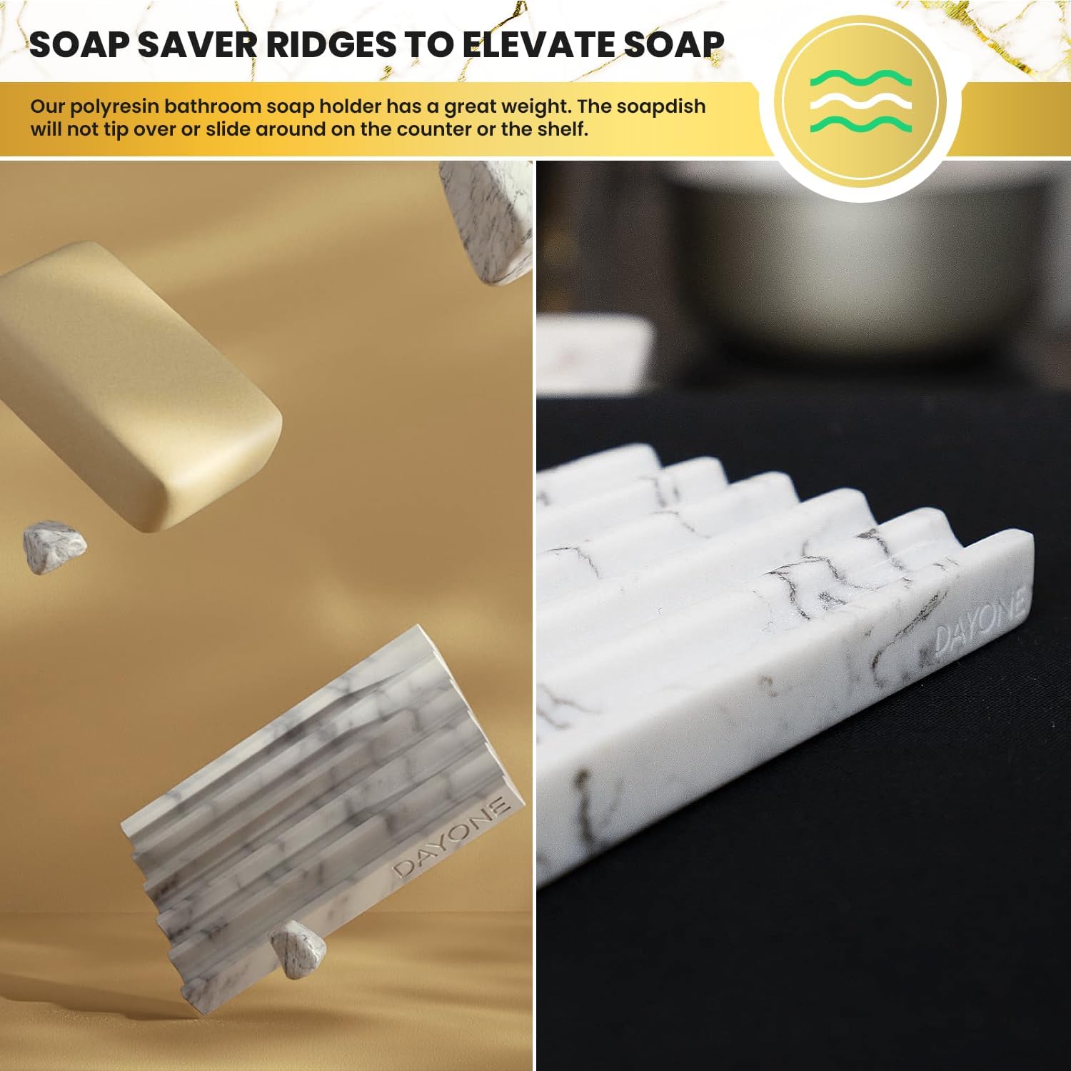 DAY1 Marble Soap Dish Tray – Bathroom Sink Soap Holder, Vanity Tray, Brush Organizer, Decorative Resin Dish for Kitchen, Countertop, Bathtub, Bar Soap, Sponges, Paint Brushes (White)