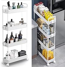 HSHa 4 Tier Narrow Rolling Cart with Wheels Multipurpose Bathroom Organizer Mobile Shelf for Kitchen, Laundry, Bathroom, Narrow Places, White