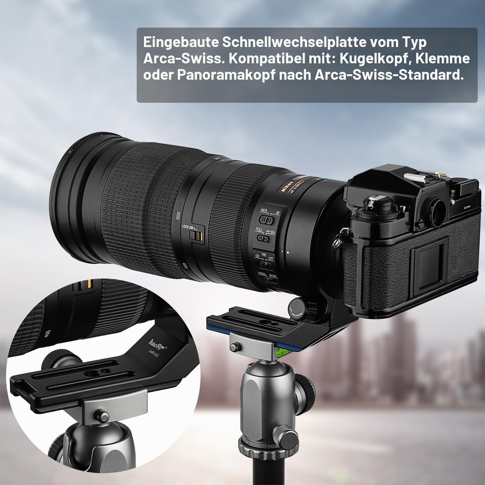 Haoge LMR-N25 Objektivmanschetten-Fuß-Stativ-Halterungsring für Nikon AF-S Nikkor 200–500 mm f/5.6E ED VR Objektiv, integrierte Arca-Swiss-Schnellwechselplatte