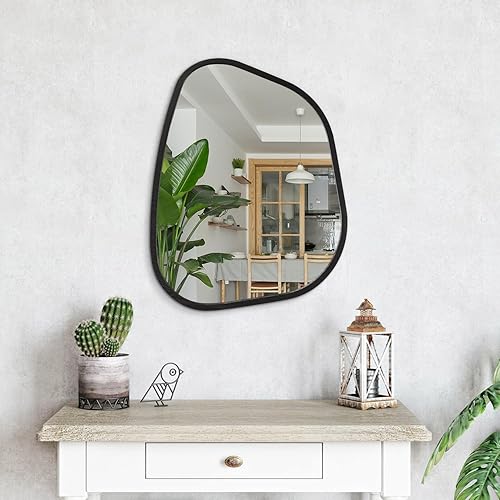 Miniatura 25 de Espejo de pared irregular de 26 x 18 pulgadas, espejo de baño grande asimétrico con marco de madera, espejos decorativos artísticos modernos