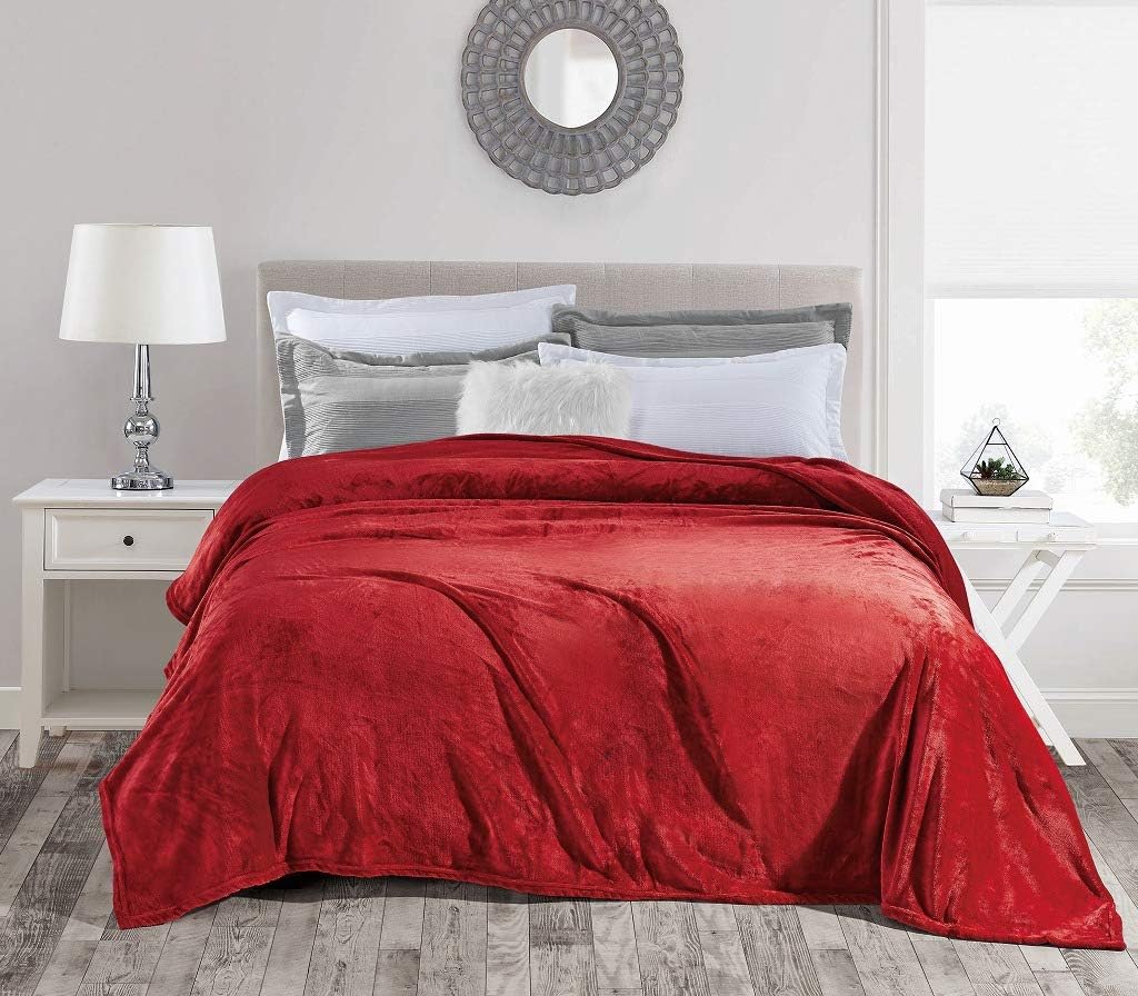 280GSM Microfiber Flannel Fleece Blanket - Super Soft Cozy Lightweight Bed Blanket - King Size, Burgundy