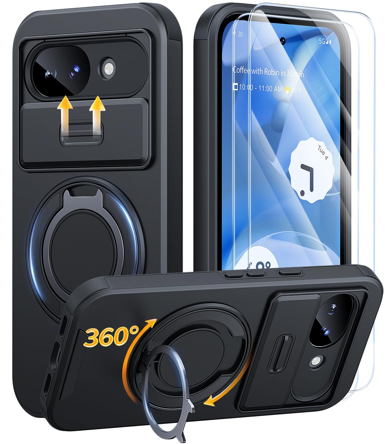 AOUIA for Google Pixel 10a Case and 2 Pack Screen Protector,Military Protection Shockproof,Magnetic Accessory Friendly Google Pixel 10a Phone Case with Slide Camera Cover,360°Rotating Kickstand,Black