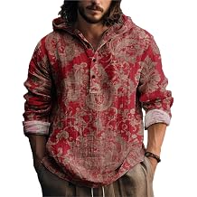MARSVOVO Vintage Ethnic Mens Lightweight Hoodie Long Sleeve 3 Button Hooded Shirt Comfy Cool Daily Tops for Spring Fall