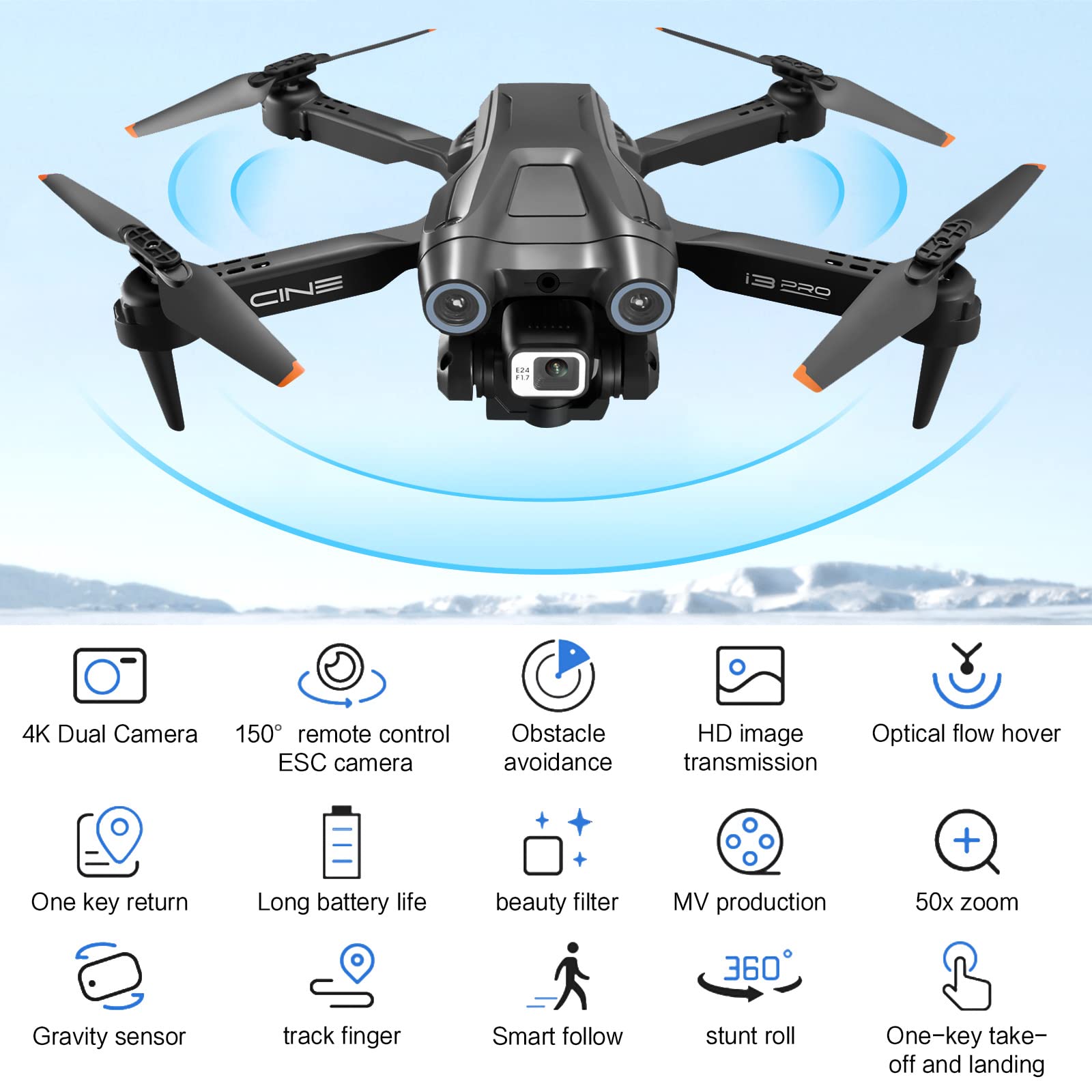 Drone con doppia fotocamera 4K HD per bambini e adulti - Droni quadricotteri RC con evitamento intelligente degli ostacoli, tenuta in altitudine, giocattoli regali per principianti (Nero)