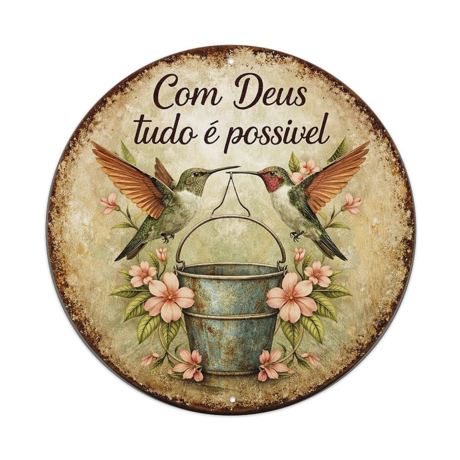 Hummingbirds Bucket Flowers Text Vintage Retro Metal Sign Round Tin Sign, Vintage Decor Art Poster for Bar, Home, Man Cave, Kitchen, Laundry Room Gift 8x8Inch