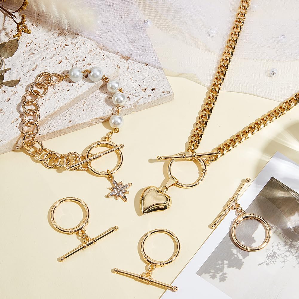 Beebeecraft 10 Sets Toggle Clasps 18K Gold Plated Brass Round Jewelry Clasp Connector OT T Bar for Necklace Bracelet Jewelry Making DIY Findings, 25x30mm - Image 4