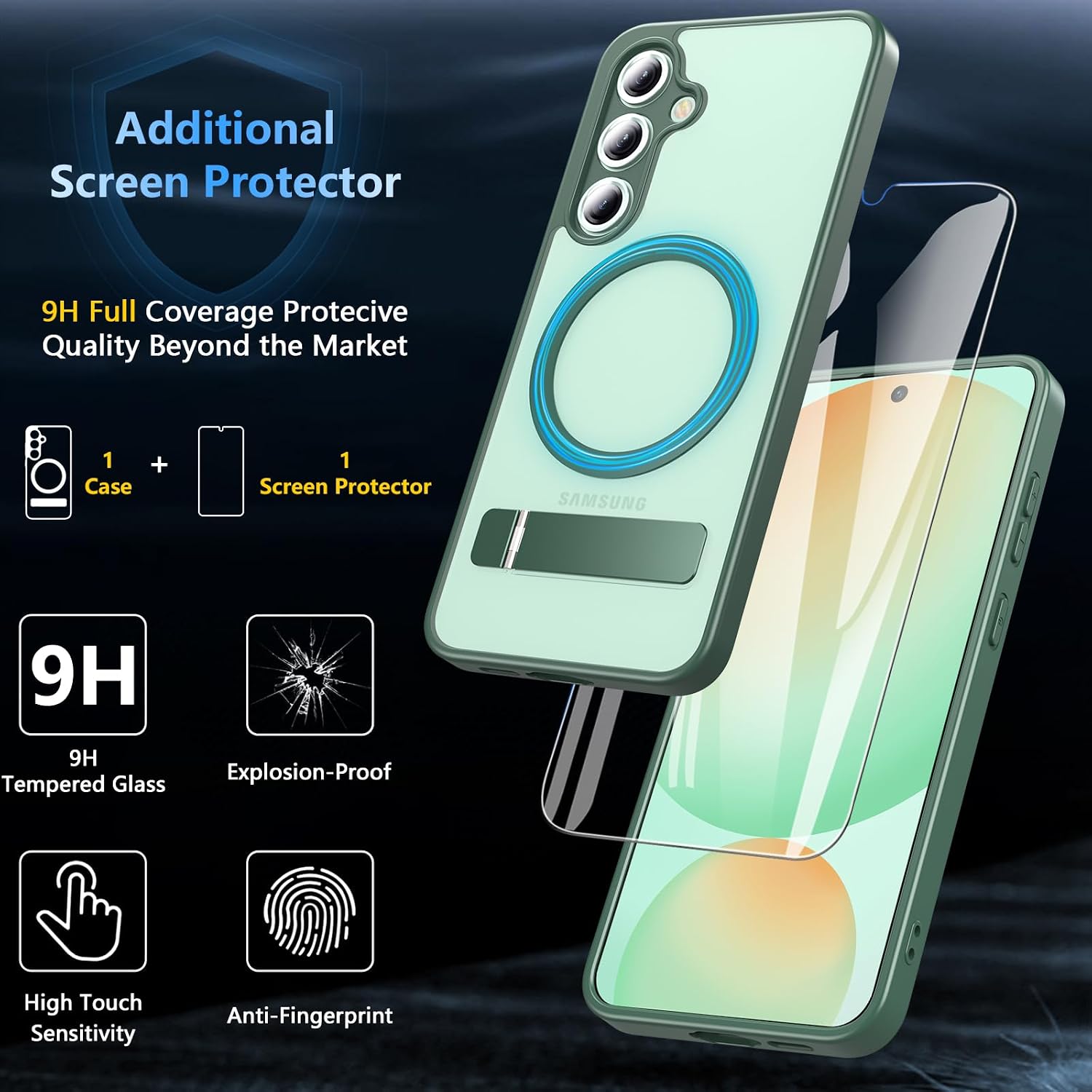 OWKEY Magnetic for Samsung Galaxy S24 FE Case with Adjustable Kickstand & Screen Protector, Galaxy S24 FE Phone Case, Shockproof Military Grade Drop Protection, Translucent Matte Back Case, Green thumbnail