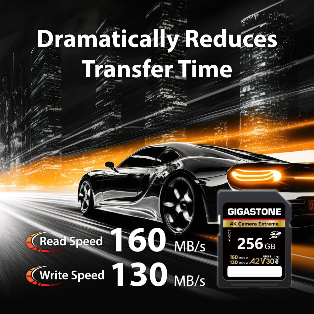 GIGASTONE A2 V30 Karta pamięci SDXC 256GB, 4K Extreme Serial Camera 160 MB/s.Canon Nikon Sony, U3 UHS-I Class 10 dla 4K UHD Video Camera, 1 mini etui