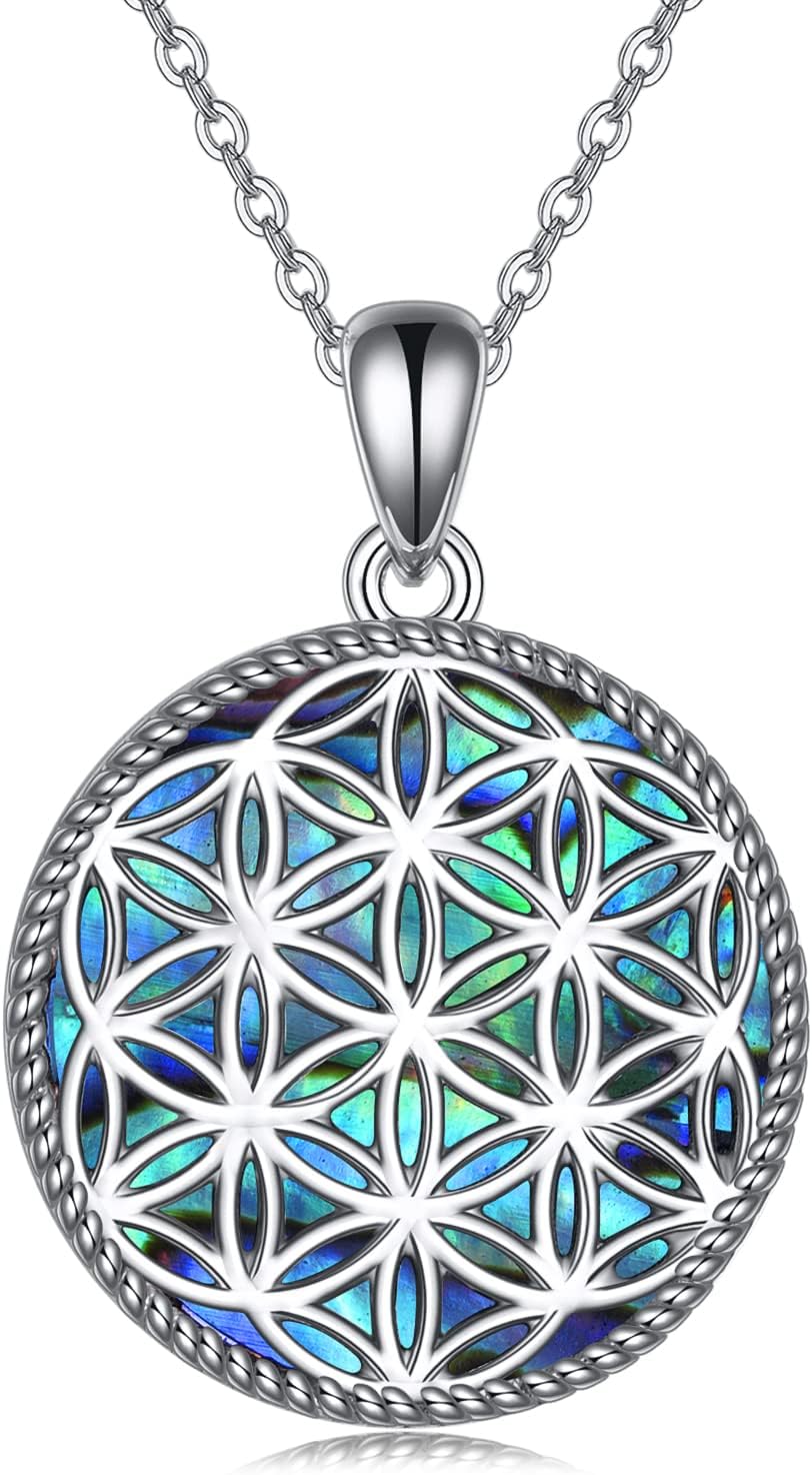 YAFEINI Flower of Life Necklace 925 Sterling Silver Abalone Shell Mother of Pearl Turquoise Black Onyx Flower of Life Pendant Jewelry for Women Men