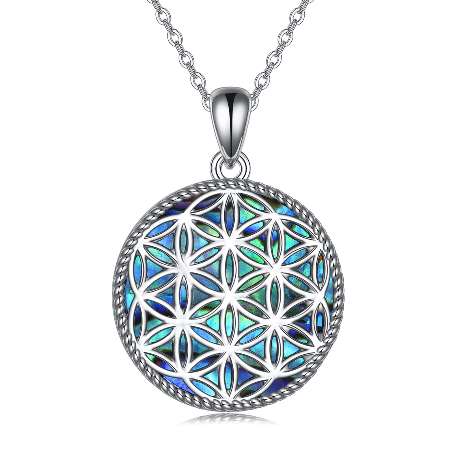 YAFEINIFlower of Life Necklace 925 Sterling Silver Abalone Shell Mother of Pearl Turquoise Black Onyx Flower of Life Pendant Jewelry for Women Men