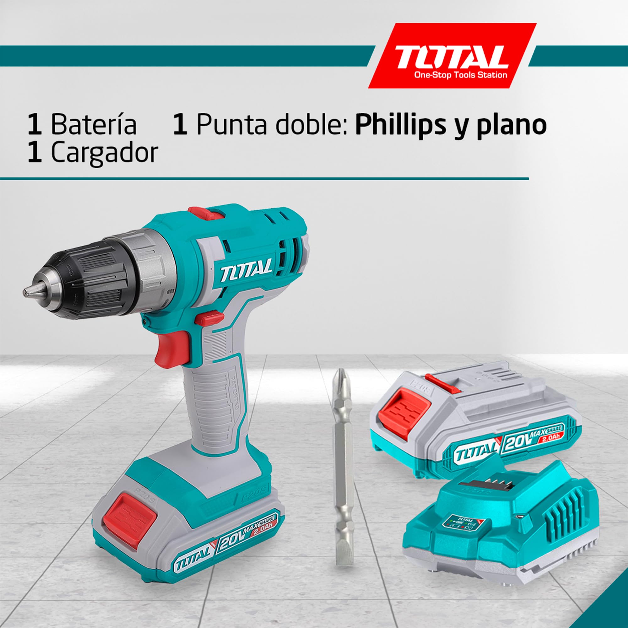 TOTAL - Taladro Atornillador a Batería - 20V - incluye una Batería de 2 Ah y cargador - Portabrocas con Autobloqueo - Máximo Par 45 Nm - Ideal para Bricolaje y Proyectos en Casa - Azul