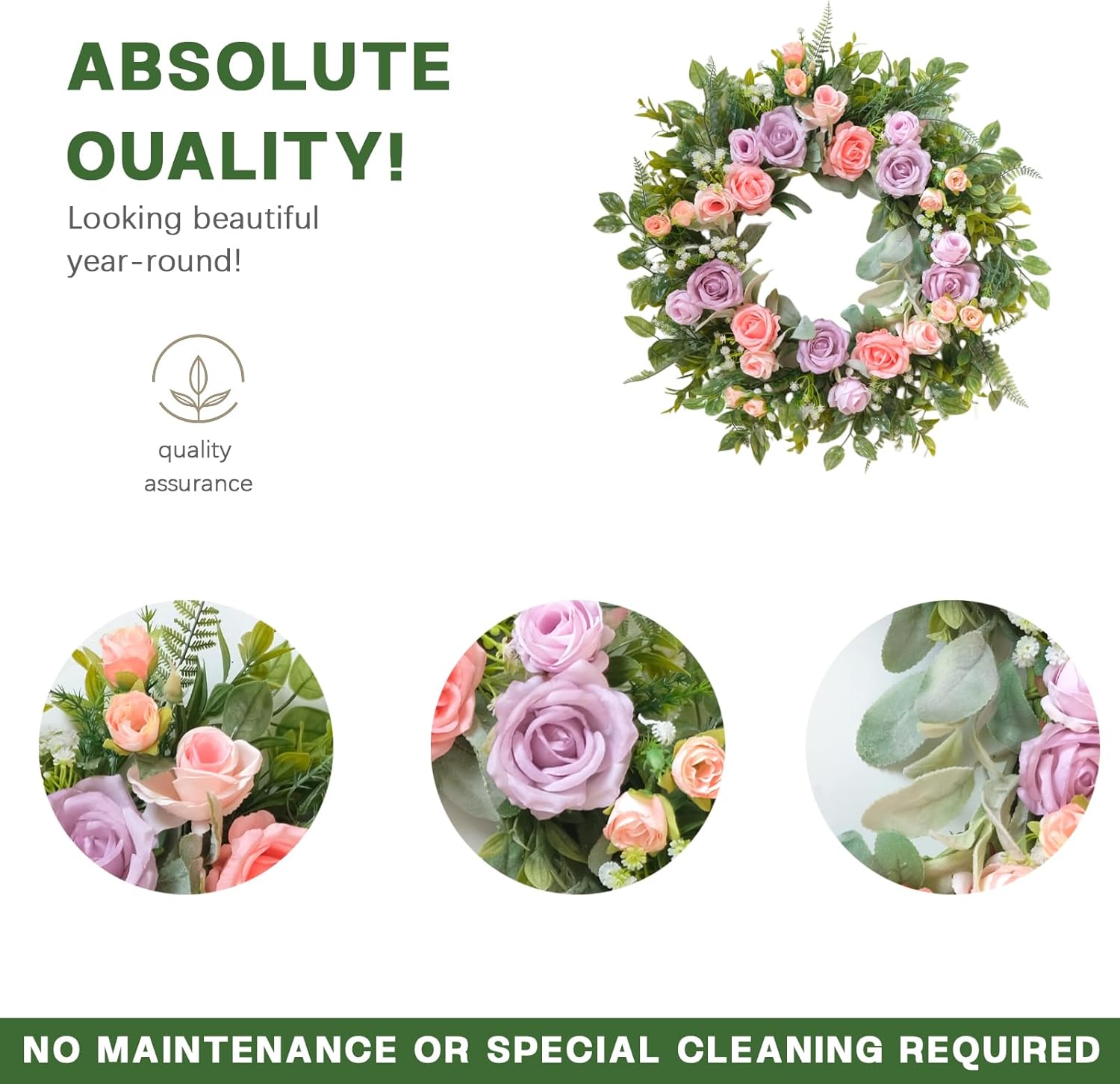 TEMPUS 22" Spring Wreath for Front Door - Purple Pink Peony & Silk Rose Wreath with Lamb's Ear Leaves, Farmhouse Floral Door Decor for Spring Summer