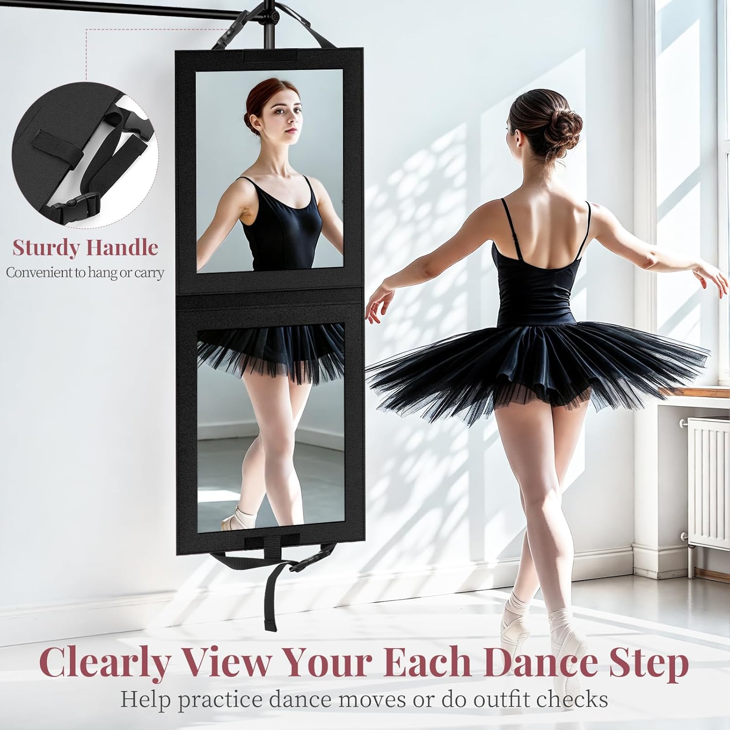 Shinowa Foldable Portable Full Length Mirror for Dancer, Camping and Travel, Shatter-Proof Acrylic Hanging Mirror with Handle, 33x13 Inch Full Body Travel Backstage Mirror, Black