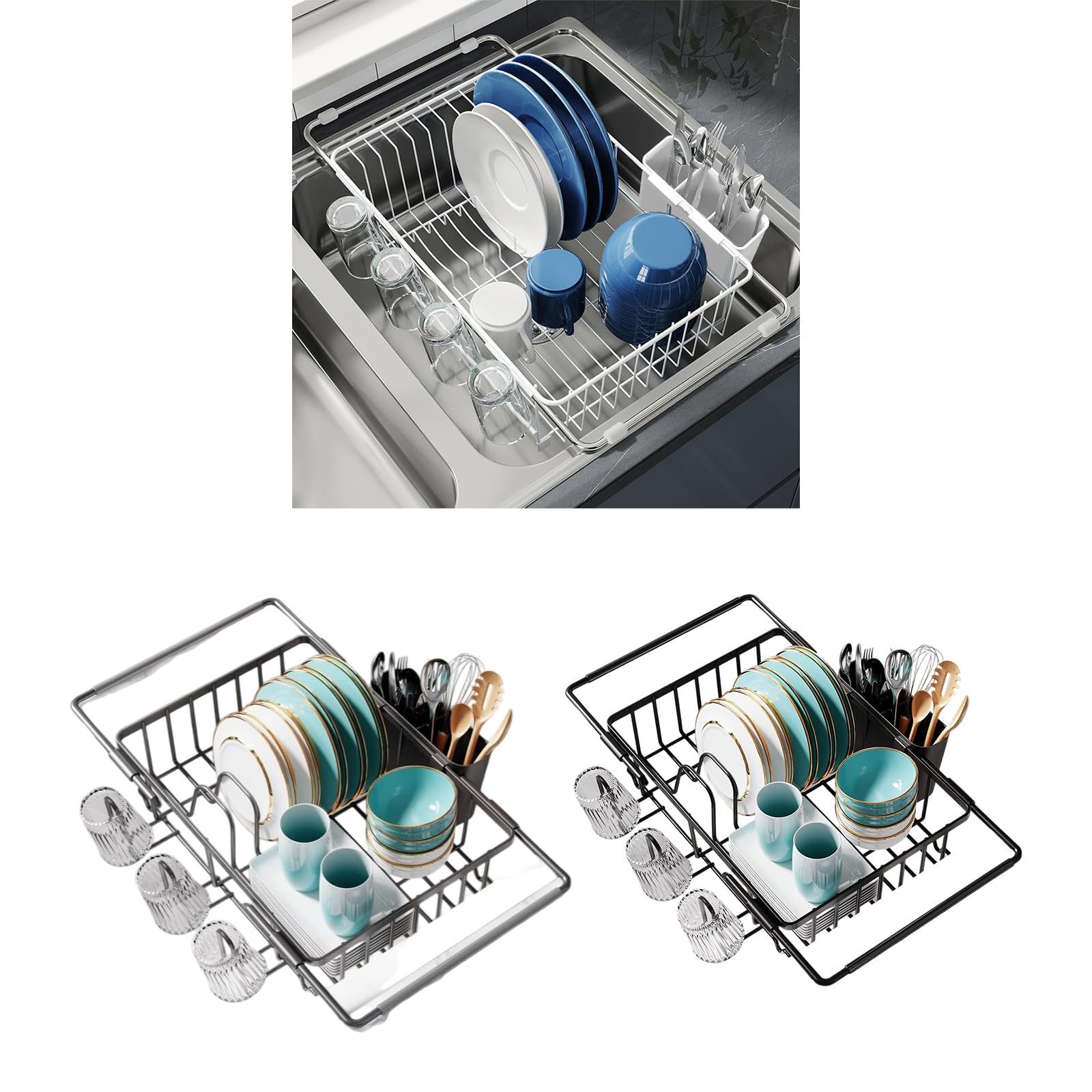 Égouttoir pour évier Peu encombrant, Largeur Extensible, Structure en Fer antirouille, Nettoyage sans Effort, Solution de Cuisine, égouttoir à Vaisselle Extensible