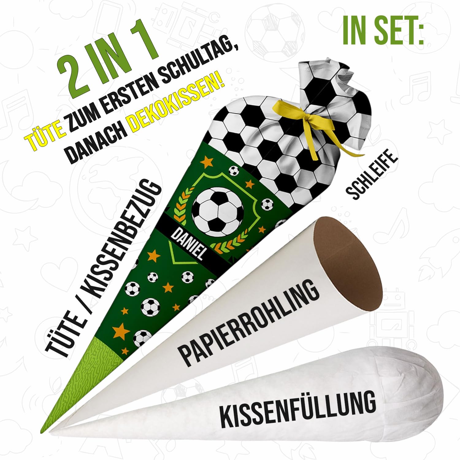 Schultüte Fussball 70 cm personalisierte Zuckertüte aus Stoff mit runde Papprohling und Silikonkügelchen