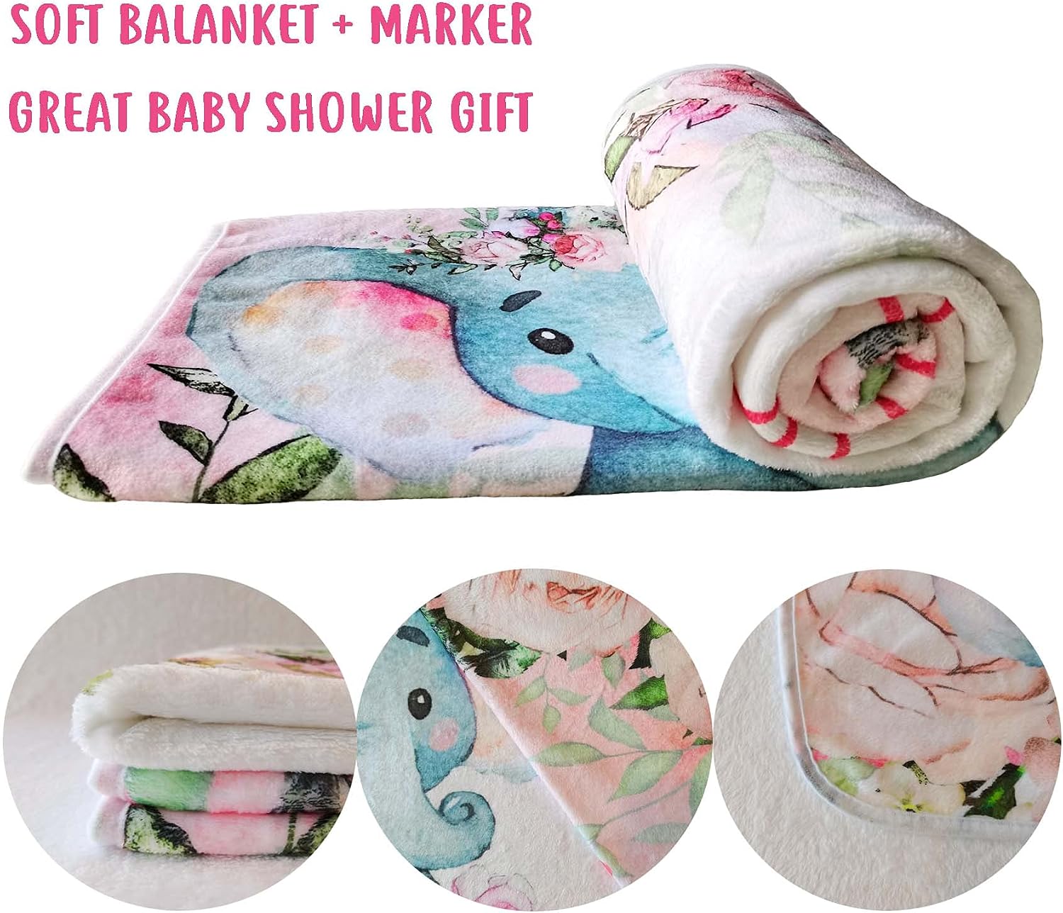 Yuzioey Baby Girl Monthly Milestone Blanket, Floral Elephant Month Blanket for Newborn Baby Shower, Pink Elephant Girl Flower Blanket Growth Chart Monthly Blanket, Includes Marker (50x40)