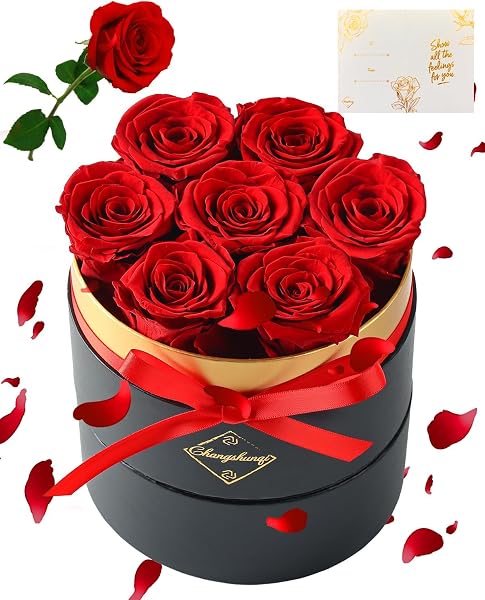 Changshunqi Forever Flowers in Round Black Box with 7 Roses