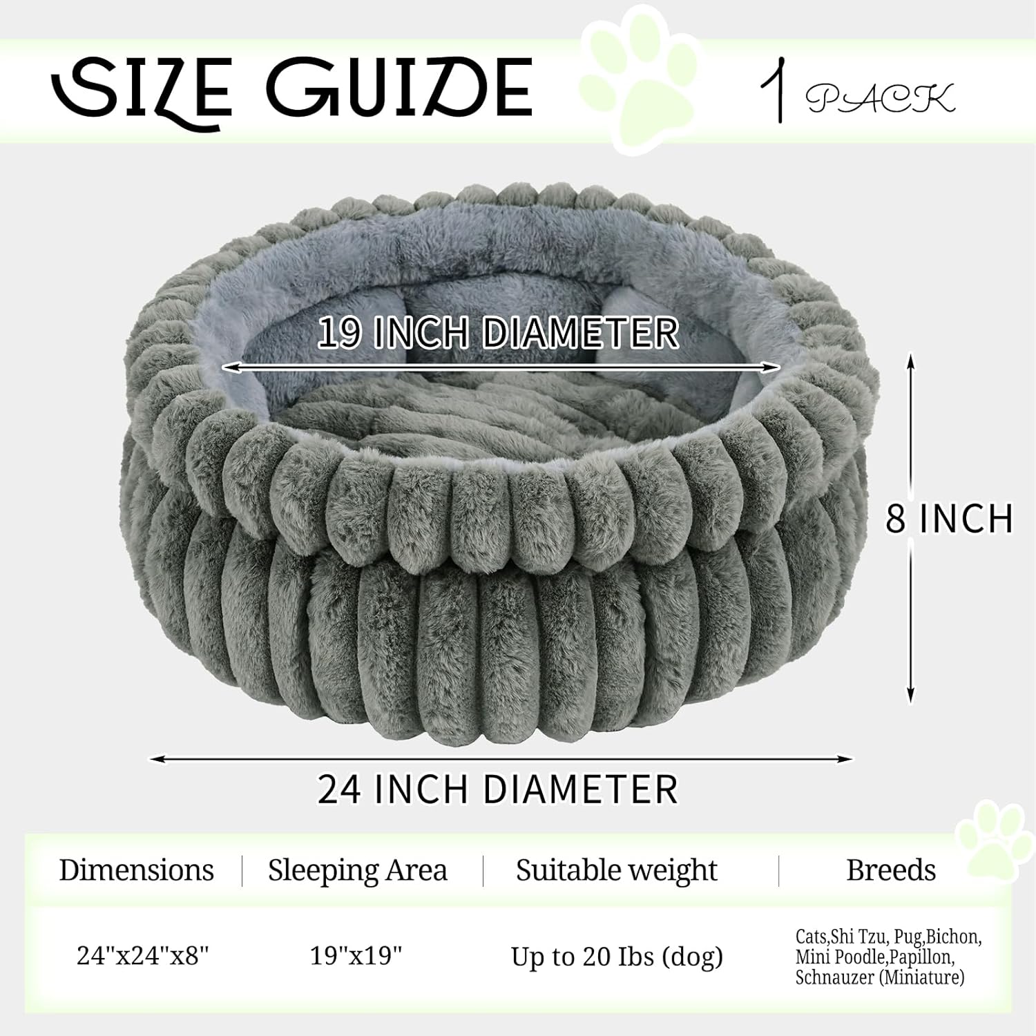 Cat Bed Kitten Bed,Round Dog Bed Cat Bed for Indoor, Soft Plush Fluffy Washable Round Sleeping Pet Bed for Puppy and Kitten with Anti-Slip Bottom (24×24 inch, Grey)