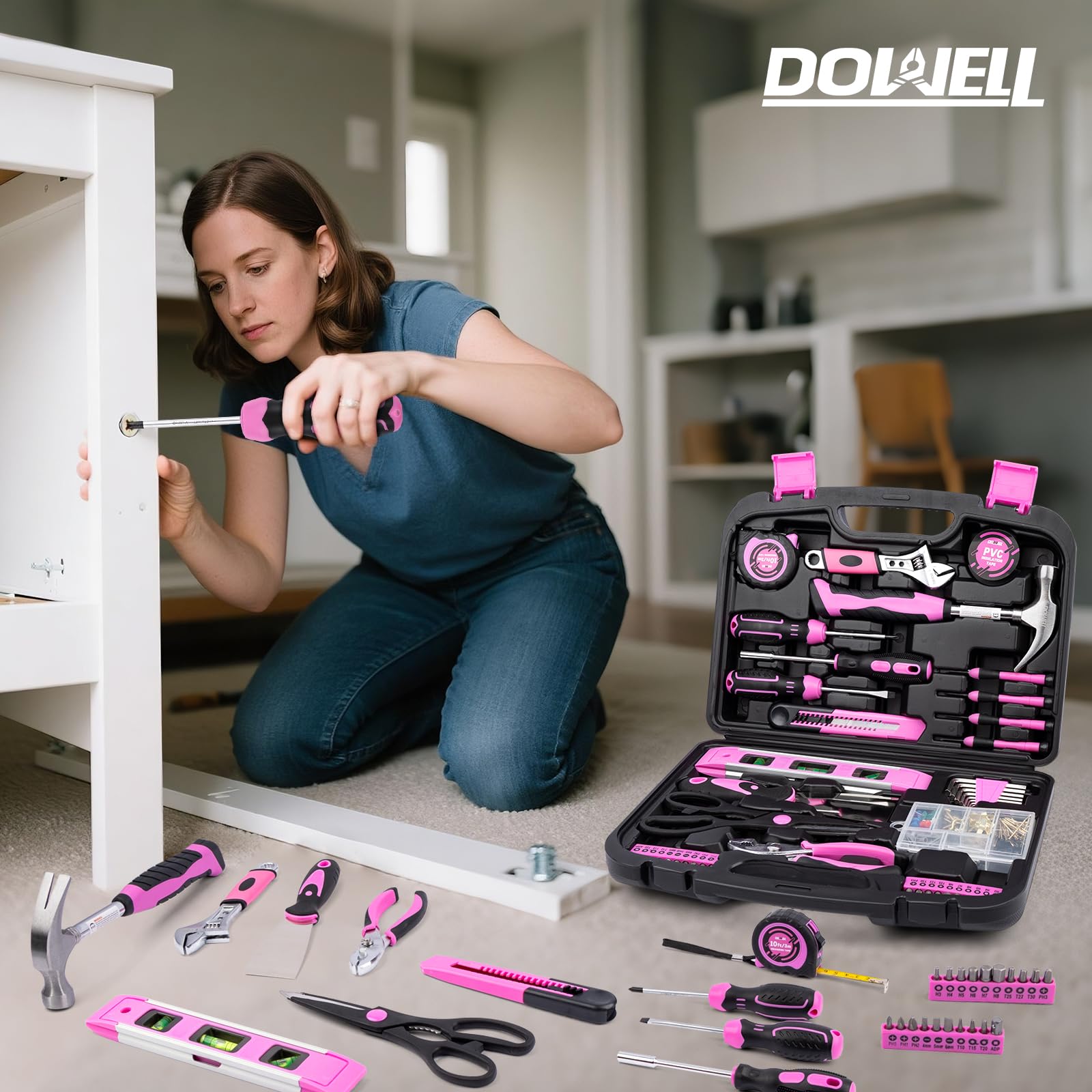 DOWELL Kit di attrezzi per la riparazione domestica, 145 pezzi, con cassetta degli attrezzi, set completo di attrezzi manuali per la casa, tra cui martello, pinza, cacciavite e nastro di misurazione